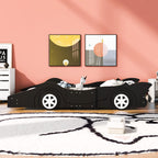 Harper & Bright Designs Twin-Size Plattformbett in Rennwagenform mit Rollen, Holzrahmen mit Stützlatten, Twin-Bodenbett für Kinder Jungen Mädchen Jugendliche, Schwarz