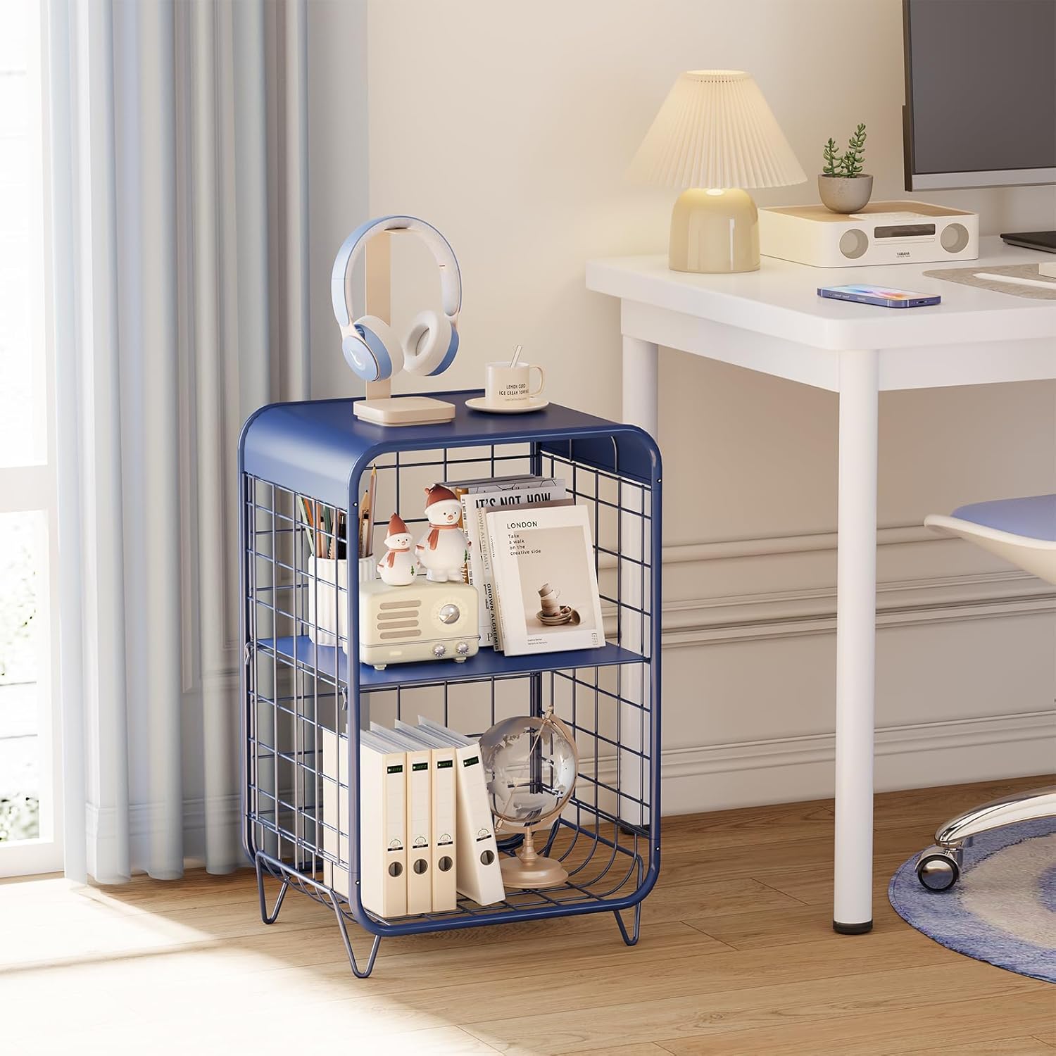 Metal Side Table,Cute Nightstand,3 Tier End Table with Storage,Vintage Bedside Table,Girls Bedroom Furniture,Accent Table,Small Coffee Table for Living Room,Bedroom,Dorm,Blue