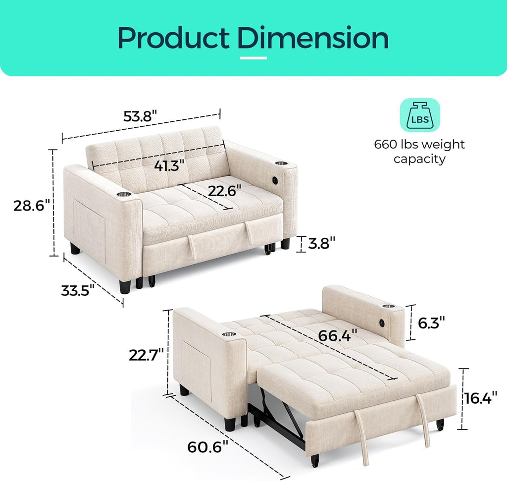 LINSY 3-in-1 Convertible Sofa Bed, Pull Out Sleeper Sofa with Charging Station & Cup Holder, Folding Loveseat with Side Pocket for Living Room, Apartment (Beige)