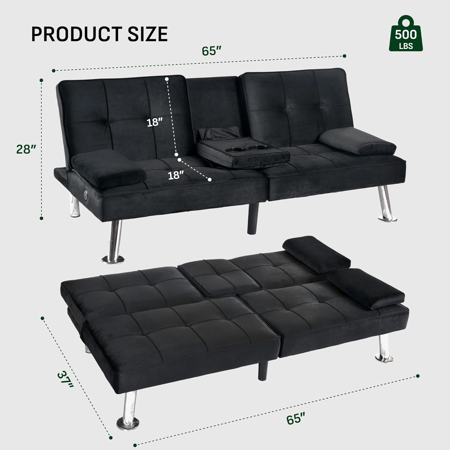 FLEXISPOT XCT3 Futon Sofa Bed with USB & Type-C Charging Port, Convertible Sleeper Couch with Adjustable Backrest, Folding Loveseat for Small Space, Living Room, Guest Room, Apartment (Velvet, Black)