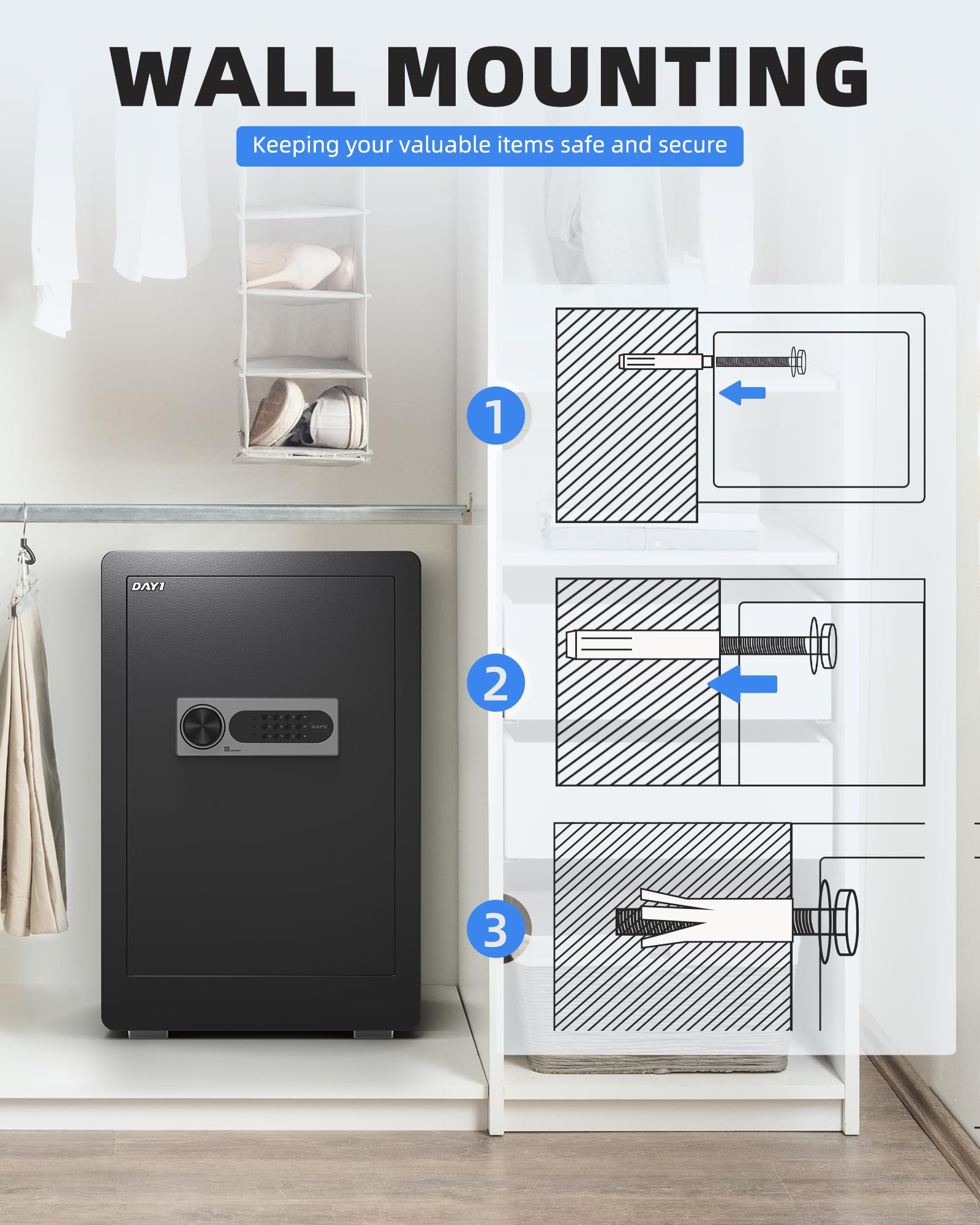 DAYI Safe Box, 3.0 Cubic Feet Home Safes with Fireproof Waterproof Bag, Security Safe for Money Cash Documents, Digital Keypad, Dual Alarm System, Removable Shelf - D-60
