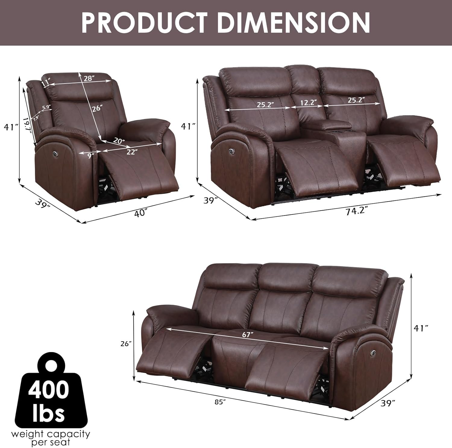 Power Recliner Sofa Set, 3 Piece Reclining Couch for Living Room, Brown Leather Home Theater Seating Recliner Couch Set with Storage and Cup Holders