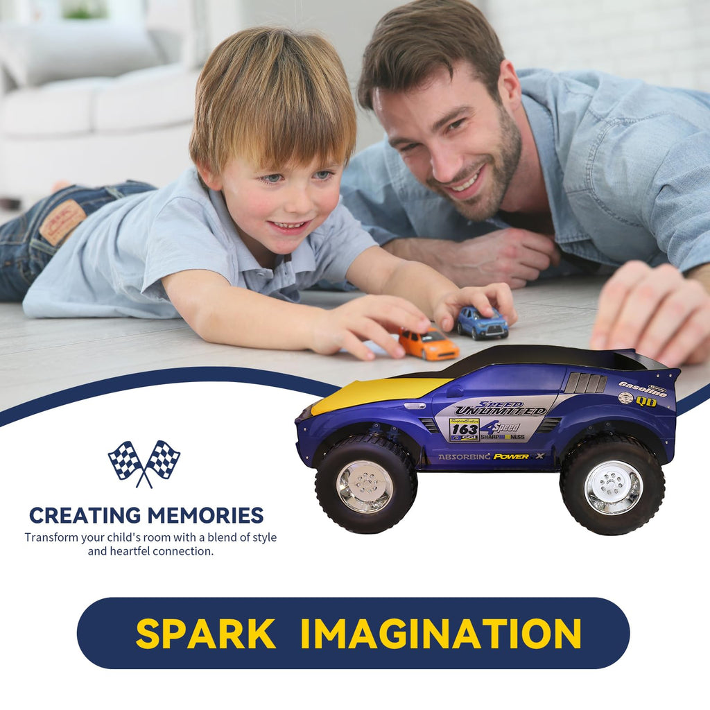 HMFULE Twin racerbilseng, trærammeseng med hjul, LED-lys og lamelsupport til børn, småbørn, teenagere, drenge, ingen boxmadras nødvendig, blå