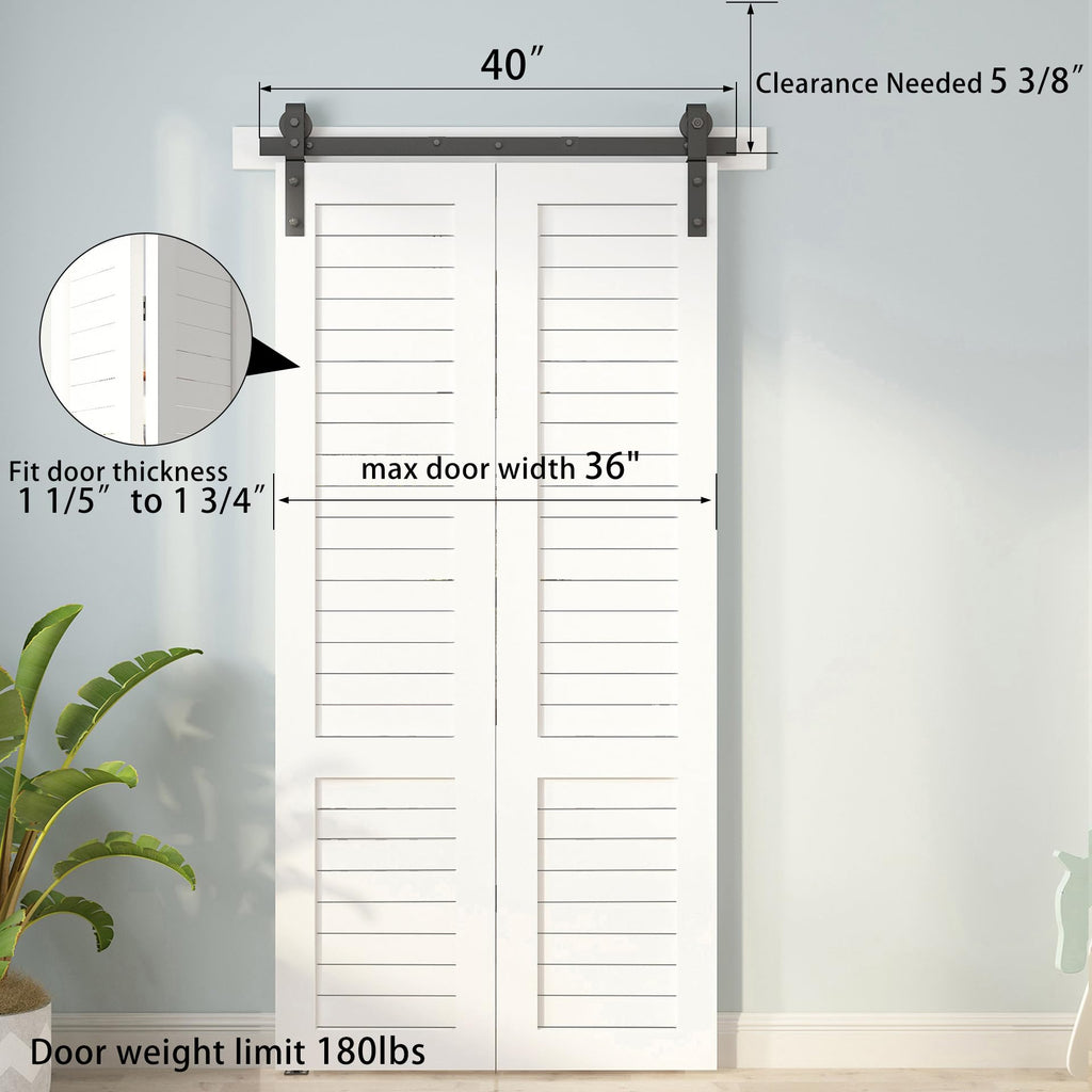 JUBEST Kit de rail pour porte de grange coulissante pliante bi-facette 40", rouleau noir monté sur le côté, robuste, pour 2 portes, fonctionnement fluide et silencieux, installation facile (porte non incluse)