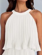 ZESICA Women's 2024 Summer Halter Dresses Sleeveless Ruffle Tiered Layered Chiffon Pleated A Line Swing Mini Dress,White,Small