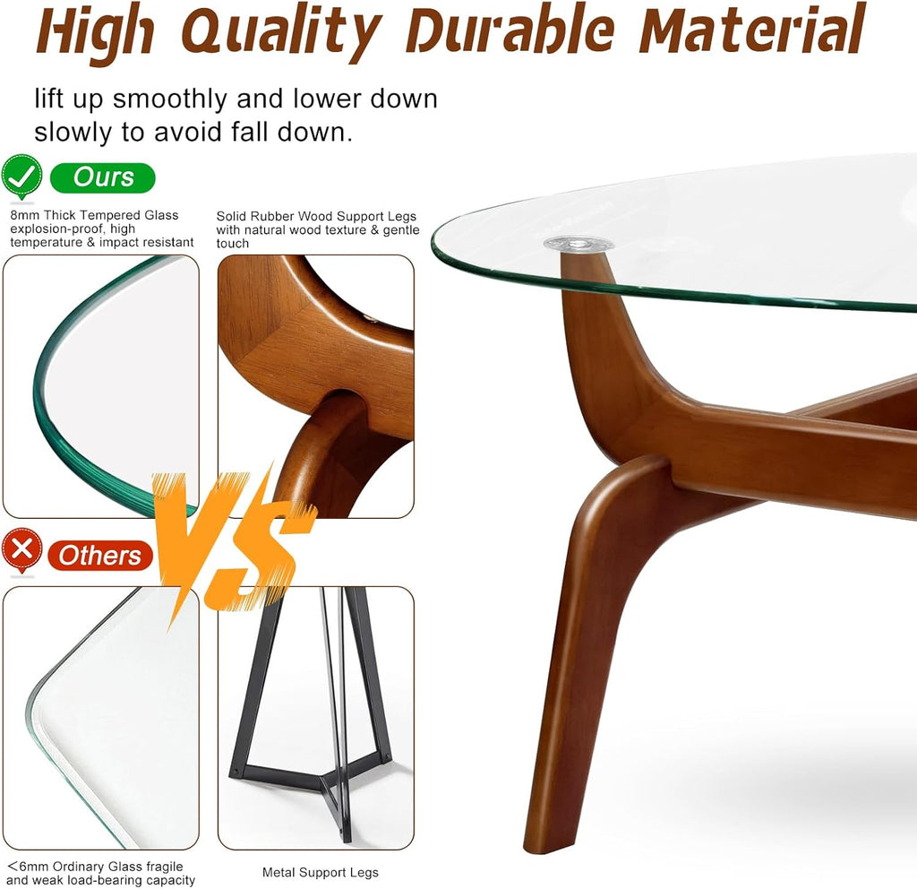 Glass Coffee Tables for Living Room, Triangle Coffee Table with Non-Tip Rubber Wood Base, Morden Tea Table with Tempered Glass Top | Perfect for Homes with Kids/Pets, Office, Apartment (Brown)