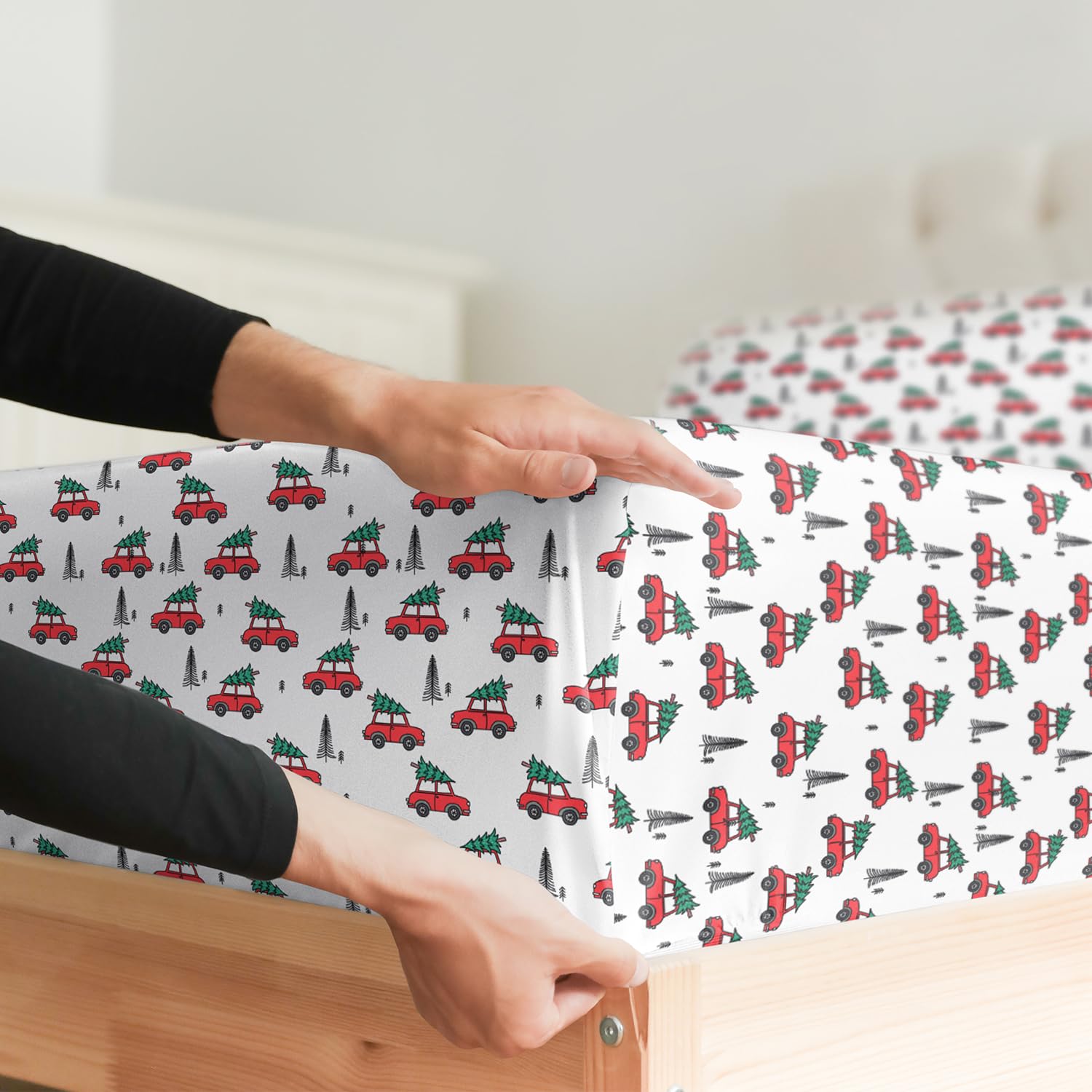 Komplet pościeli King Christmas Tree - Świąteczny wzór Xmas na lnie - Głębokie kieszenie - Dopasowany krój - 4 części - Bez zagnieceń - Wygodna i chłodząca świąteczna pościel zimowa - Łatwa w pielęgnacji - Przyjazna dzieciom