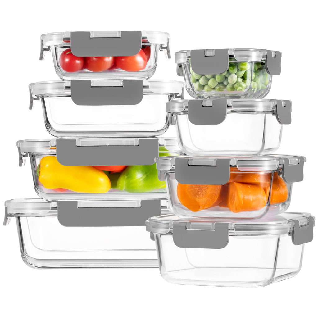 8 Pack Borosilicate Glass Food Storage Containers with Lids, Glass Meal Prep Containers, Airtight Bento Lunch Boxes with Snap Locks, Oven, Freezer and Dishwasher Safe, BPA Free, Kitchen Storage Set