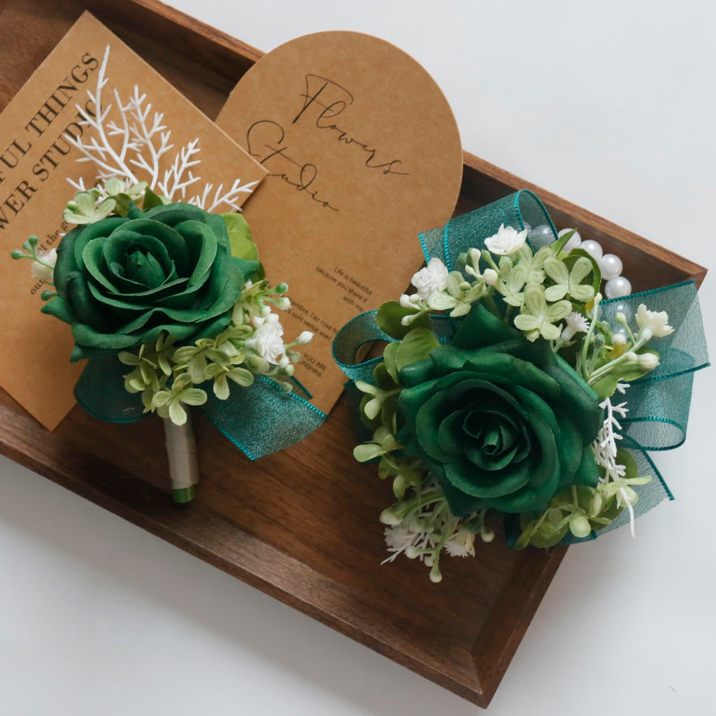 MAFELOE Corsage and Boutonniere Set for Wedding Prom Party Homecoming Celebration Artificial Flower Accessories Suit Decor 2 Pieces - Dark Green
