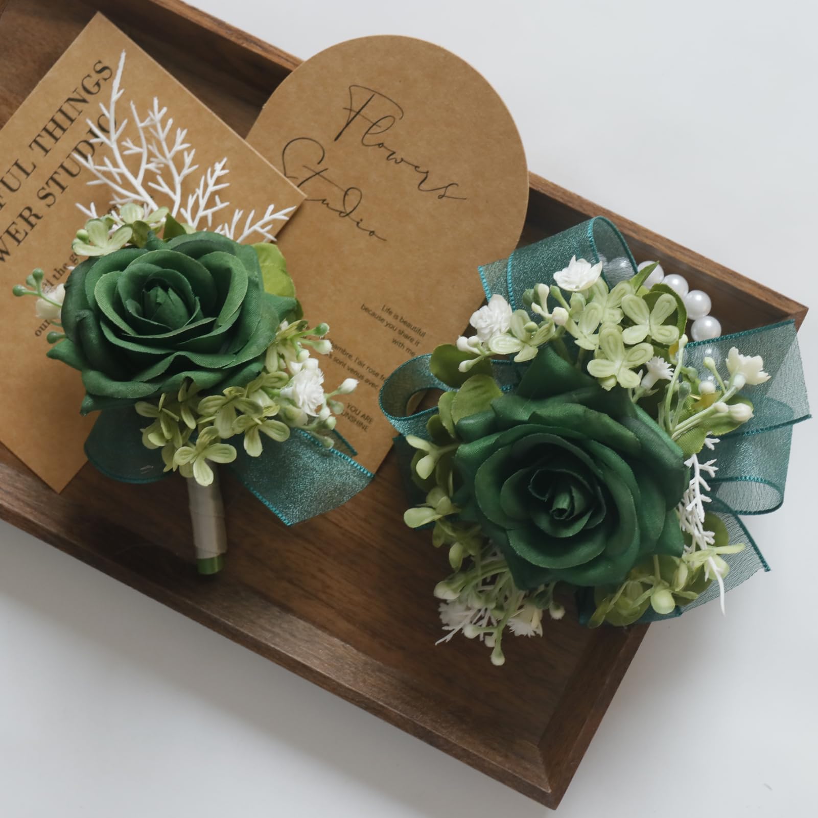 MAFELOE Corsage and Boutonniere Set for Wedding Prom Party Homecoming Celebration Artificial Flower Accessories Suit Decor 2 Pieces - Dark Green