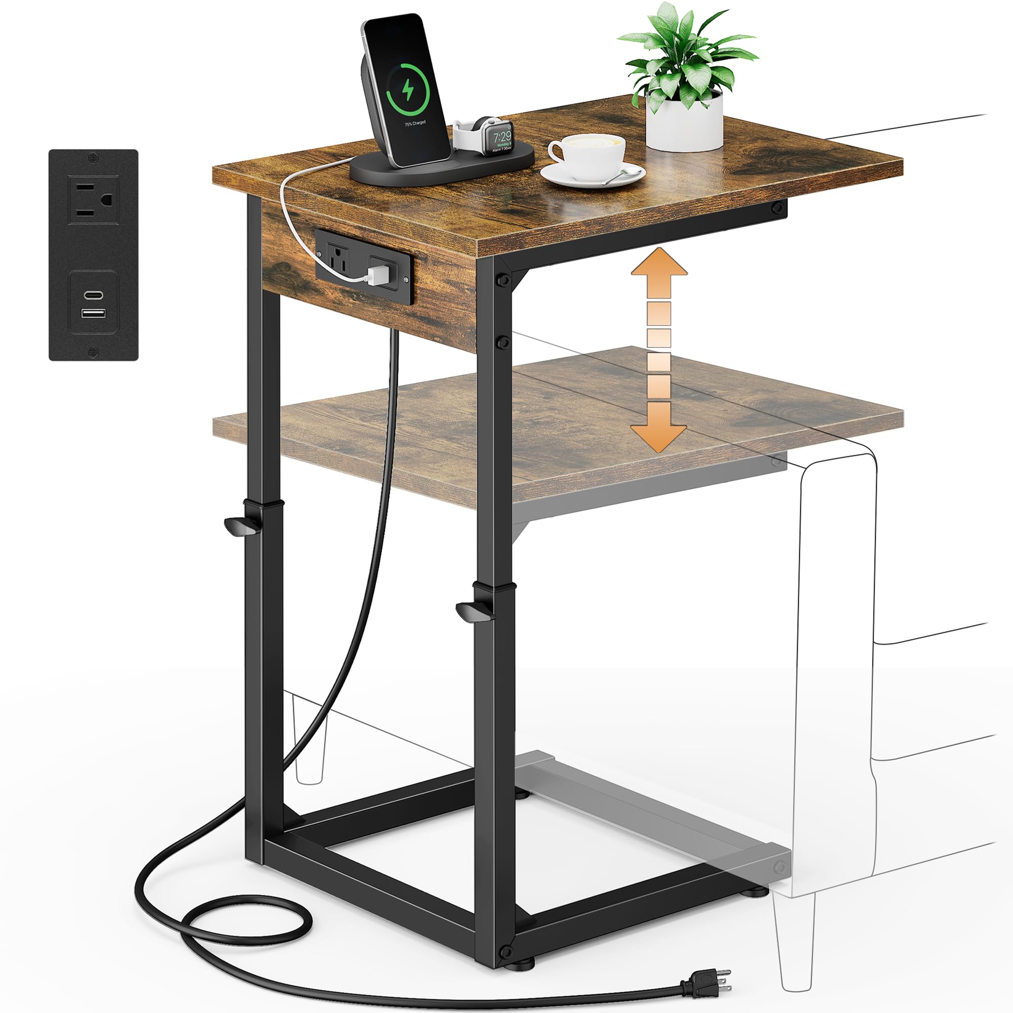 Vagusicc C Shaped End Table with Charging Station, 33" Tall Side Table for Couch, Sofa Table Adjustable Height Couch Side Table Coffee Table, Slide Under Sofa TV Tray C Table for Living Room, White