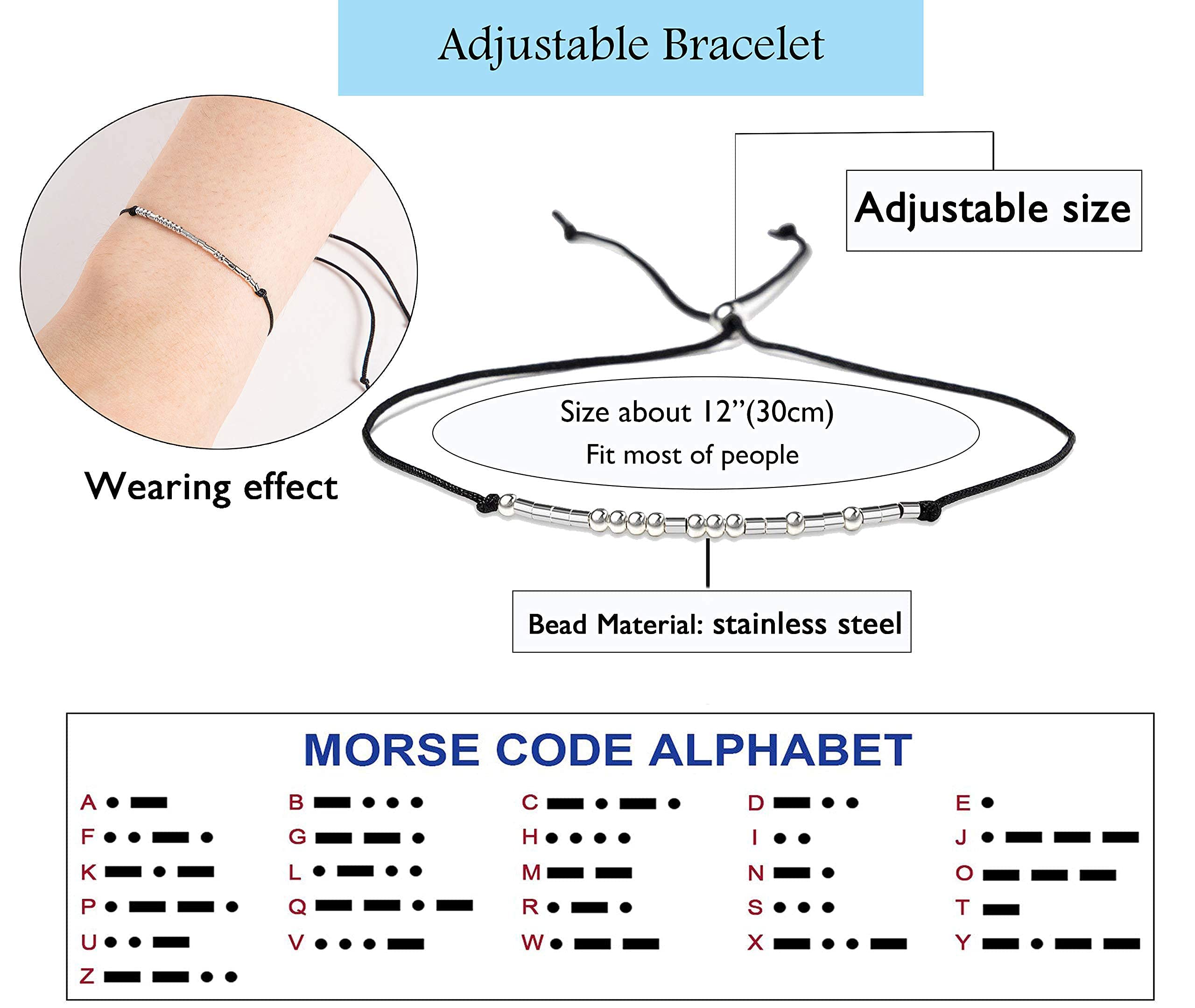 KGBNCIE U Masz to Bransoletka z kodem Morse'a dla kobiet, srebrne koraliki na jedwabnym sznurku, bransoletka przyjaźni, inspirujący prezent dla mężczyzn