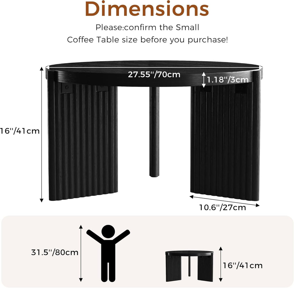 27.5" Black Round Coffee Table Modern Wooden Center Table for Small Space Living Room and Bedroom Scandinavian Minimalist Circle Fluted Tea Table with Quilted Feet Pads