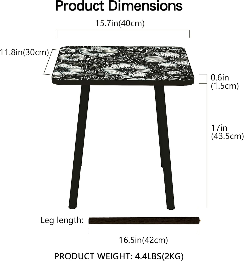 Mandala Small Rectangle End Table, Side Table with Black Flowers Finish, Retro Modern Small Coffee Table for Balcony, Living Room(11.8" D x 15.7" W x 17" H, Black, Rectangle)