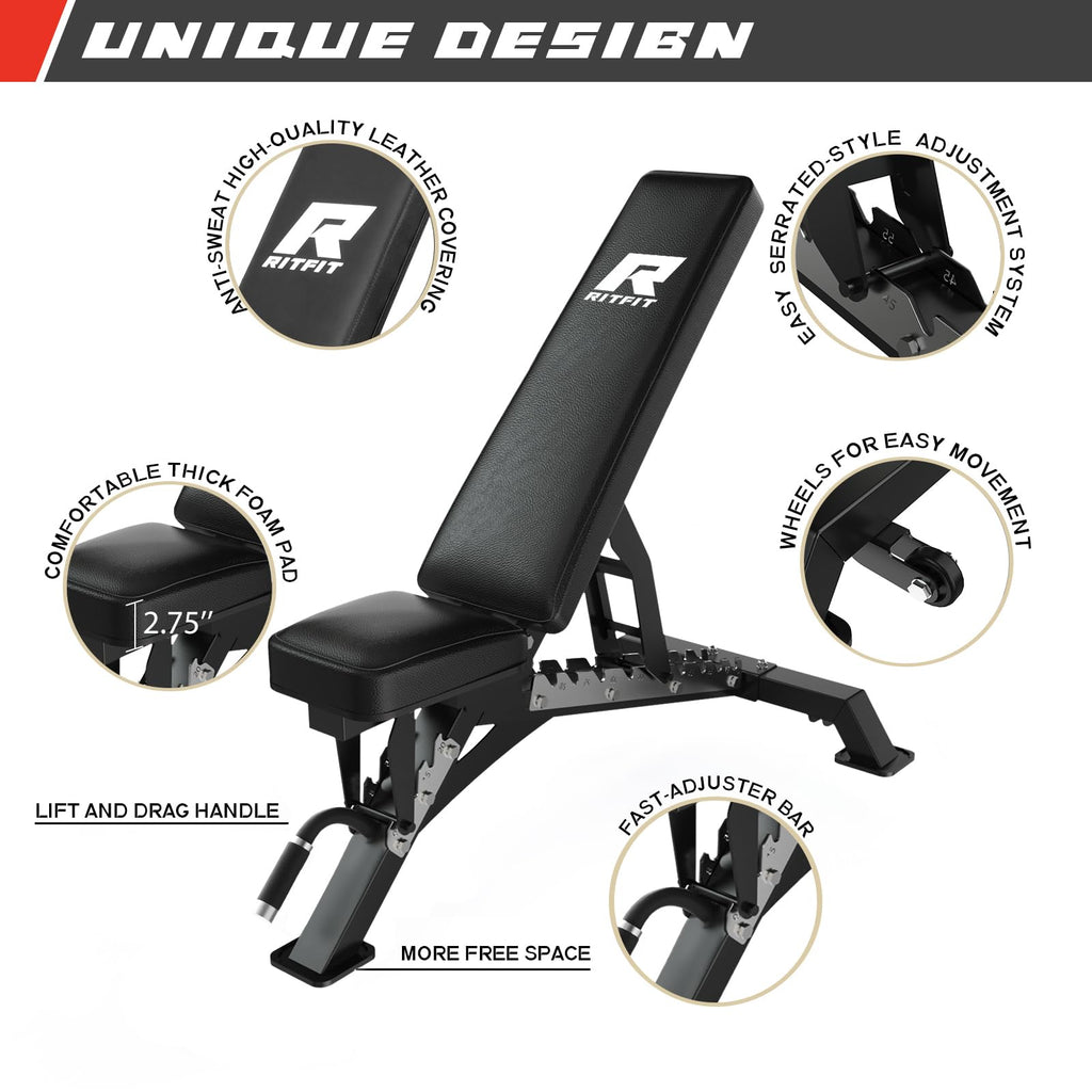 RitFit Squat Rack Power Cage Home Gym Package, Includes 1000LBS Power Rack with Cable Crossover System, Weight Bench, Weight Plate Set with Olympic Barbell (Package 1.6K (Bumper Plate 230LBS))-Orange