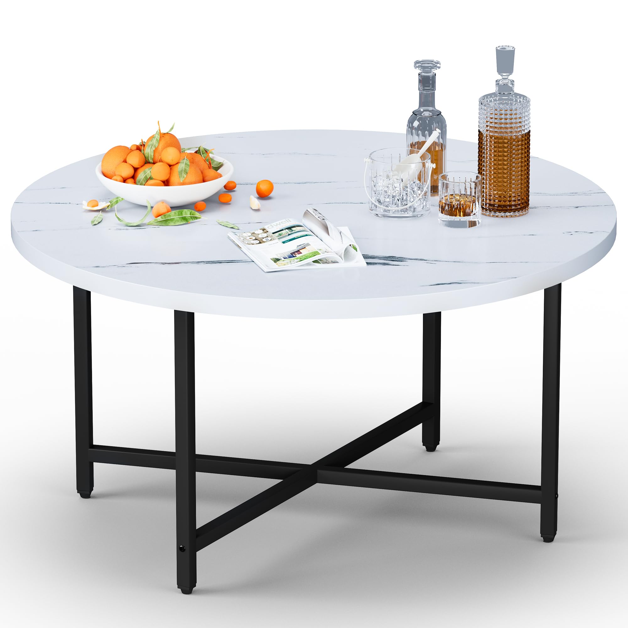 Coffee Table, 23.6" Coffee Tables for Living Room, Round Coffee Table with Metal Frame, Floor Table for Sitting on The Floor, Home, Office, Black