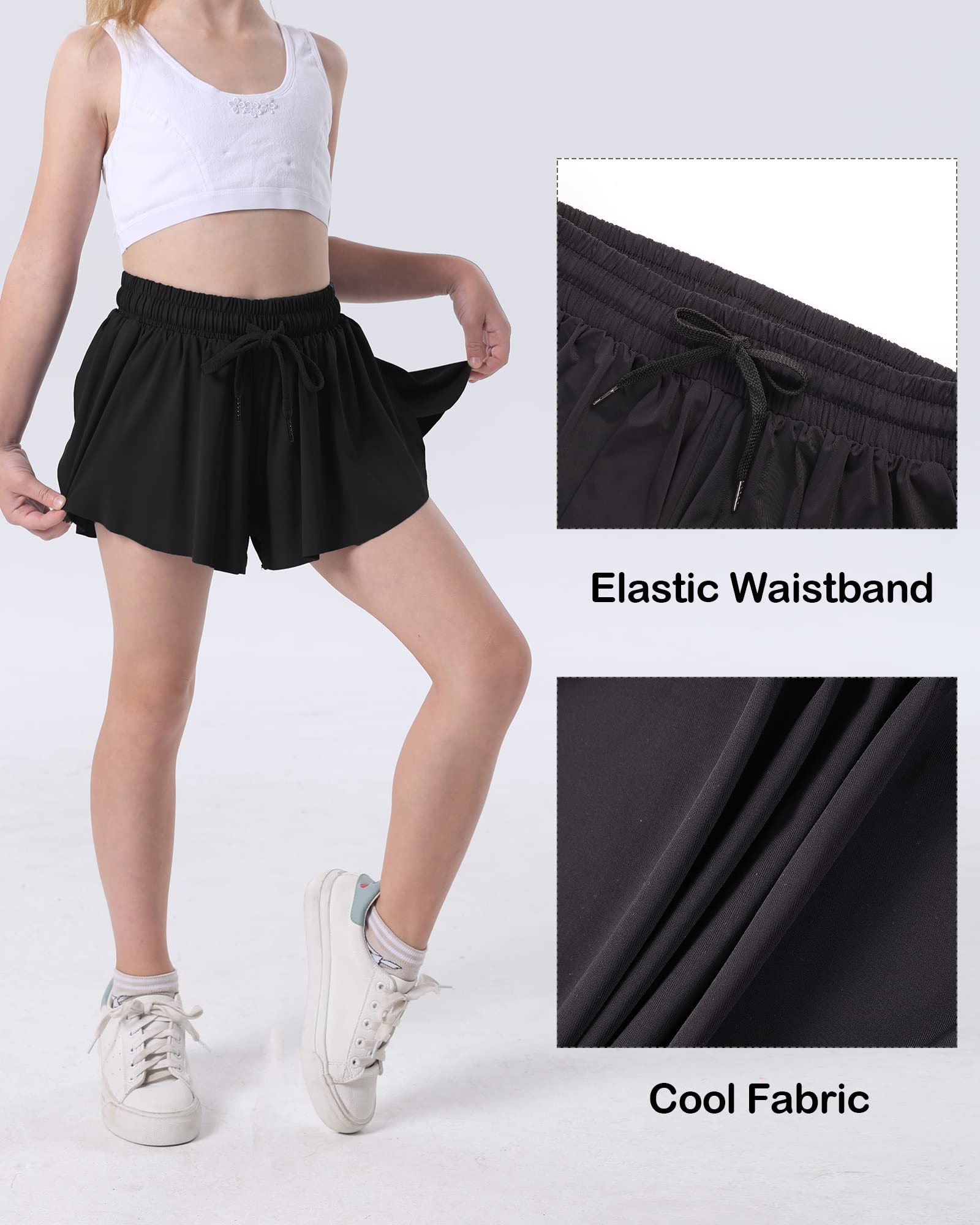 KEREDA Pige Flydende Shorts, Sommerfugl Shorts til Teen Piger med Spandex Foring 2-i-1 til Løb, Fitness, Atletik, Træning 1 Pakke 9-10 År (Sort)