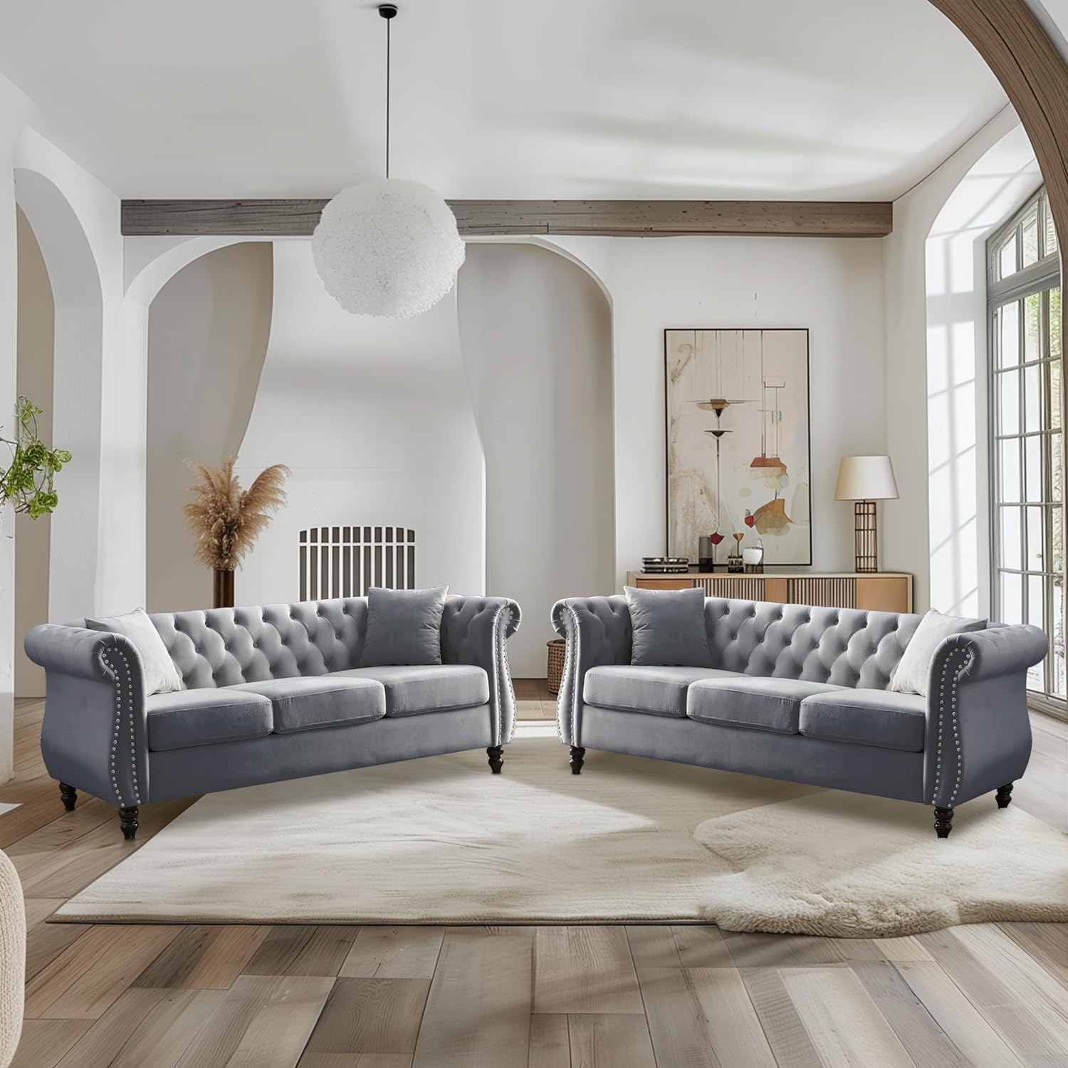 2 Piece Velvet Chesterfield Sofa,79" 3 Seater and 57" Loveseat Sofa Set,Button Tufted Nailhead Trimming Curved Backrest Rolled Arm (Grey, 79" 3 Seater and 57" Loveseat Velvet Sofa Sets)
