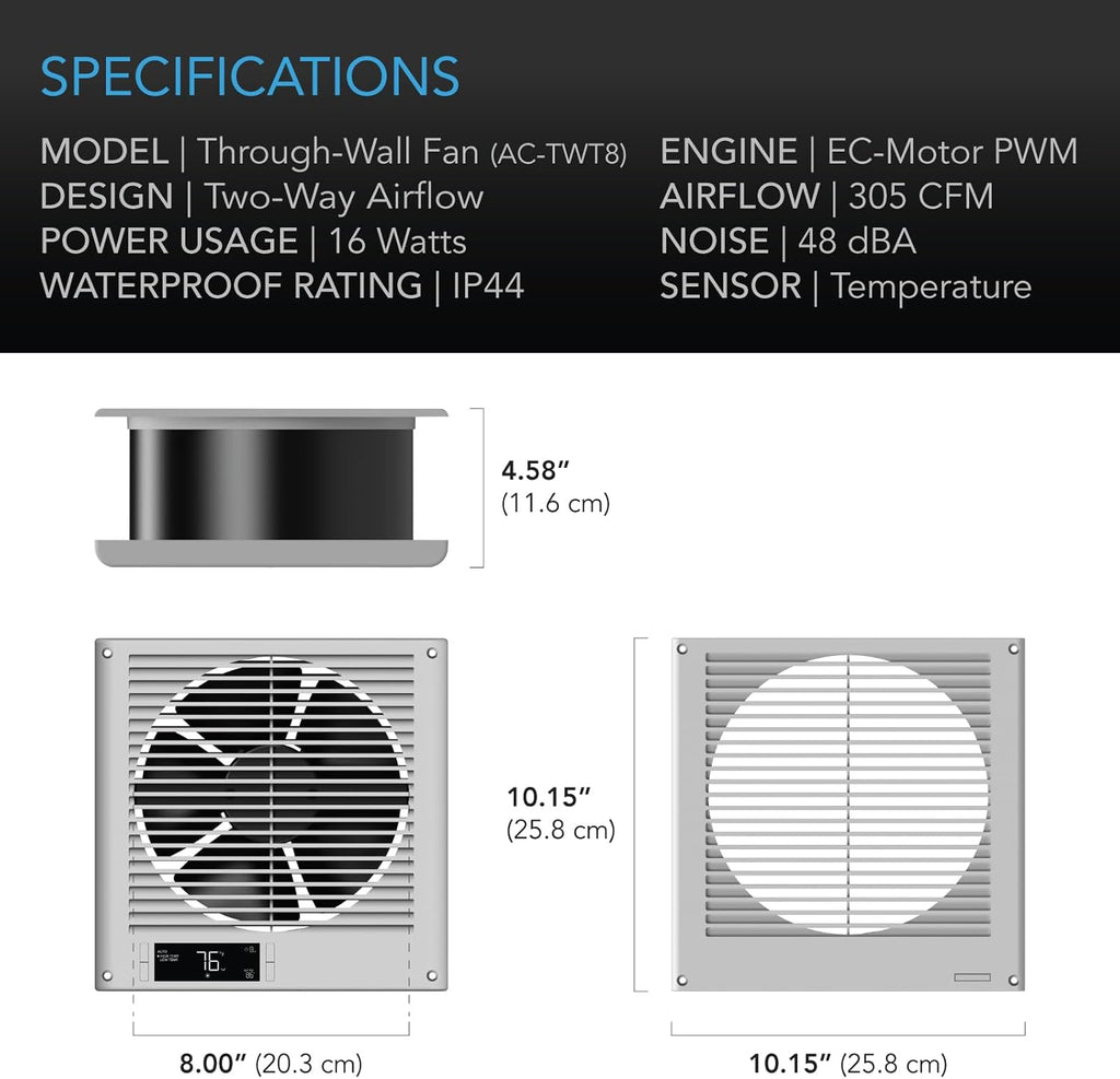 AC Infinity Room to Room Fan 8”, Two-Way Reversible Airflow Through-the-Wall Fan with Temperature Controller, Quiet Precise 10-Level Speeds for In-Wall Kitchen, Laundry Room, and Workshops