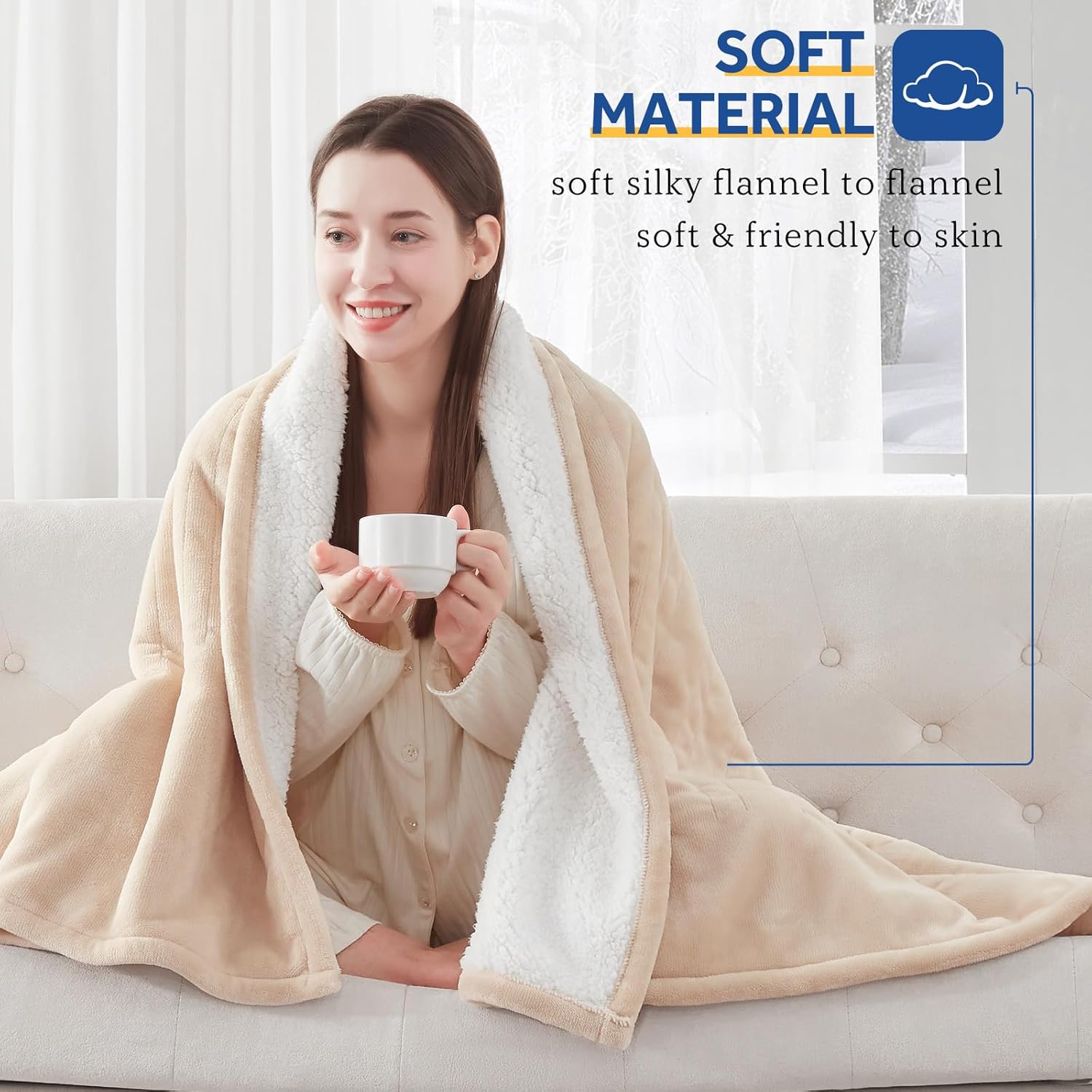 Sealy Electric Blanket Queen Size, Flannel & Sherpa Heated Blanket with 10 Heat Setting & 1-12 Hour Auto Shut Off, Fast Heating Blanket, Machine Washable, Beige, 84 x 90 Inch