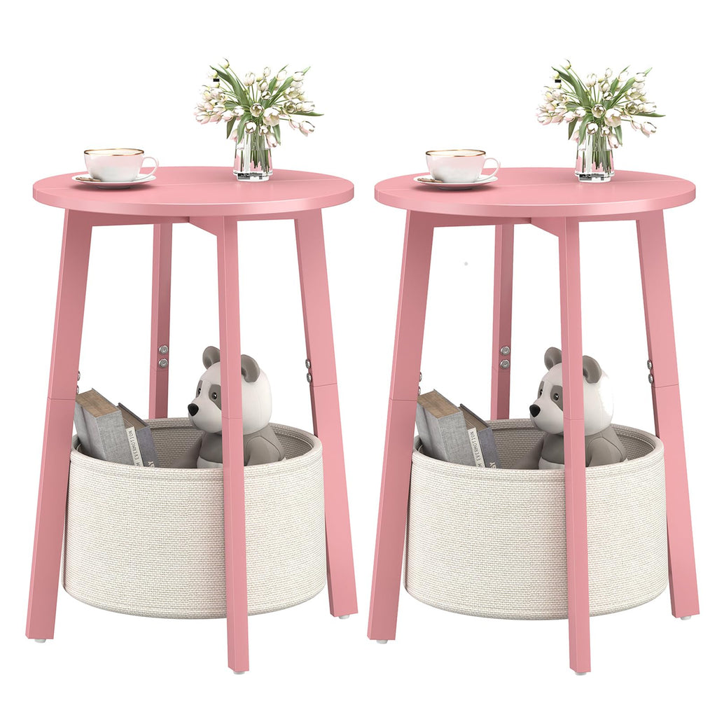 Small Round Side End Table with Cloth Storage Basket, Round Bedside Sofa Couch Coffee Tables for Small Places with Metal Frame, Modern Nighstands for Living Room Bedroom, Grey