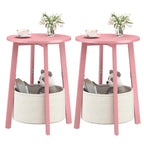 Small Round Side End Table with Cloth Storage Basket, Round Bedside Sofa Couch Coffee Tables for Small Places with Metal Frame, Modern Nighstands for Living Room Bedroom, Grey