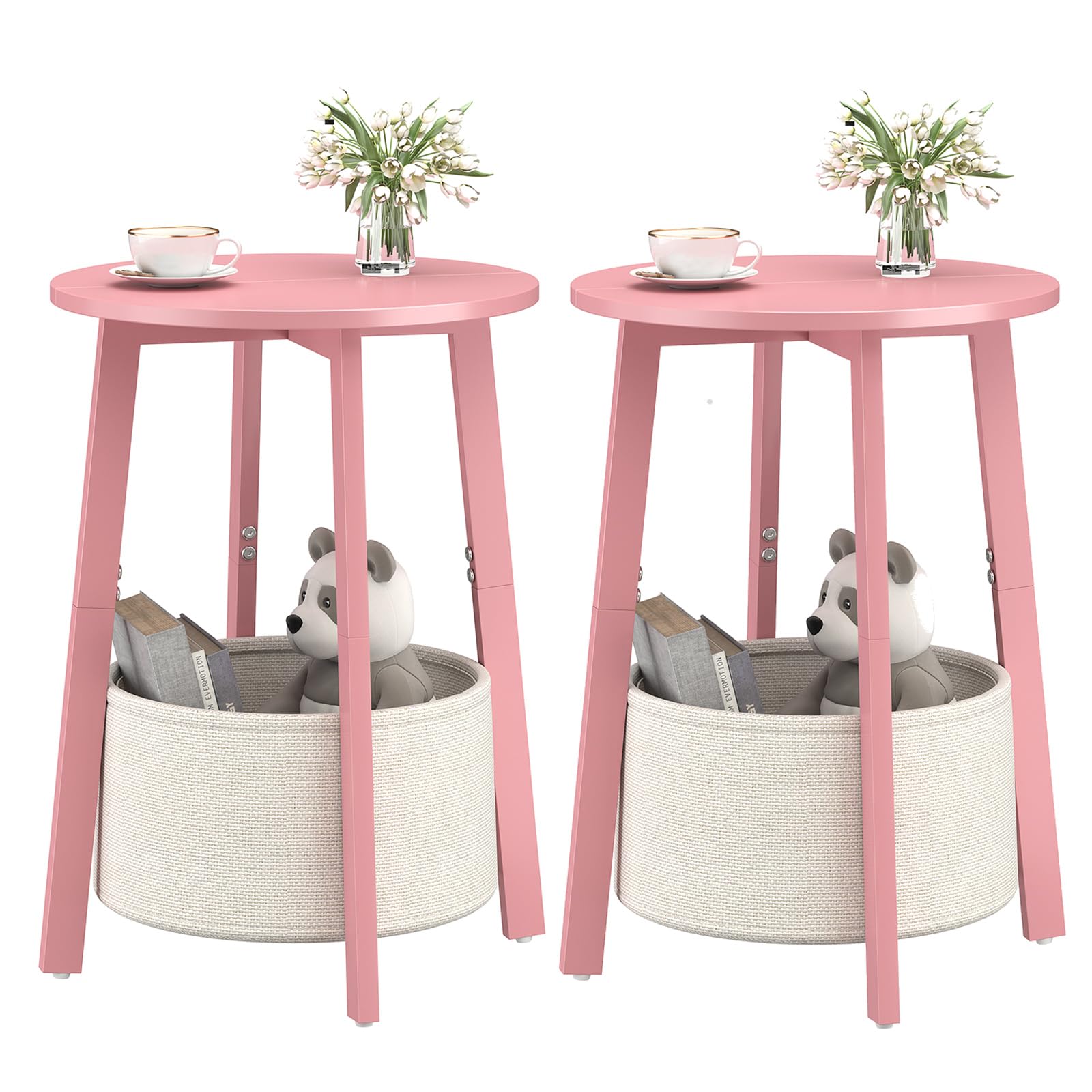 Small Round Side End Table with Cloth Storage Basket, Round Bedside Sofa Couch Coffee Tables for Small Places with Metal Frame, Modern Nighstands for Living Room Bedroom, Grey