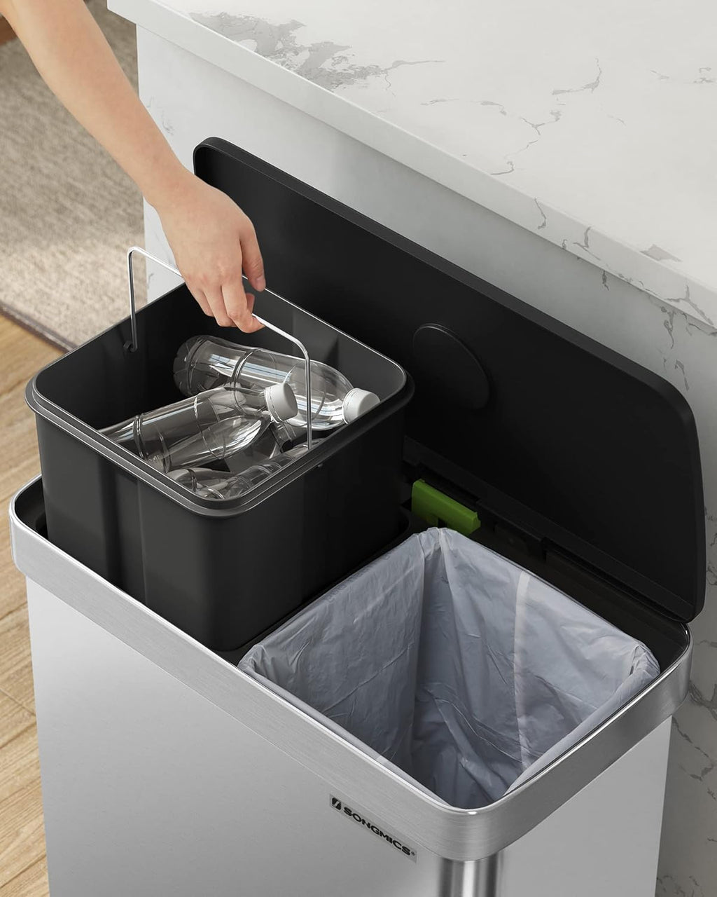 SONGMICS Kitchen Trash Can, 16 Gallon (2 x 8 Gallon) Dual Compartment Garbage Can, 60L Pedal Recycling Bin, Stays Open and Soft Close, Stainless Steel, 15 Bags Included, Metallic Silver ULTB202E01