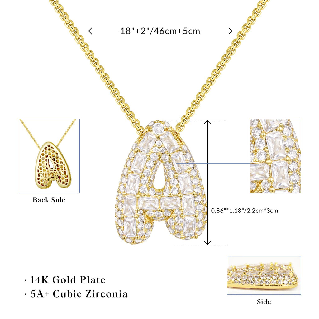 KissYan Bubble Letter Necklace, 14K Gold Plated Personalized Puffy Balloon Initial Pendant with Elegant Box Chain, Inlaid Square & Round CZ Stones for Women Dainty Jewelry Gifts (Gold R)