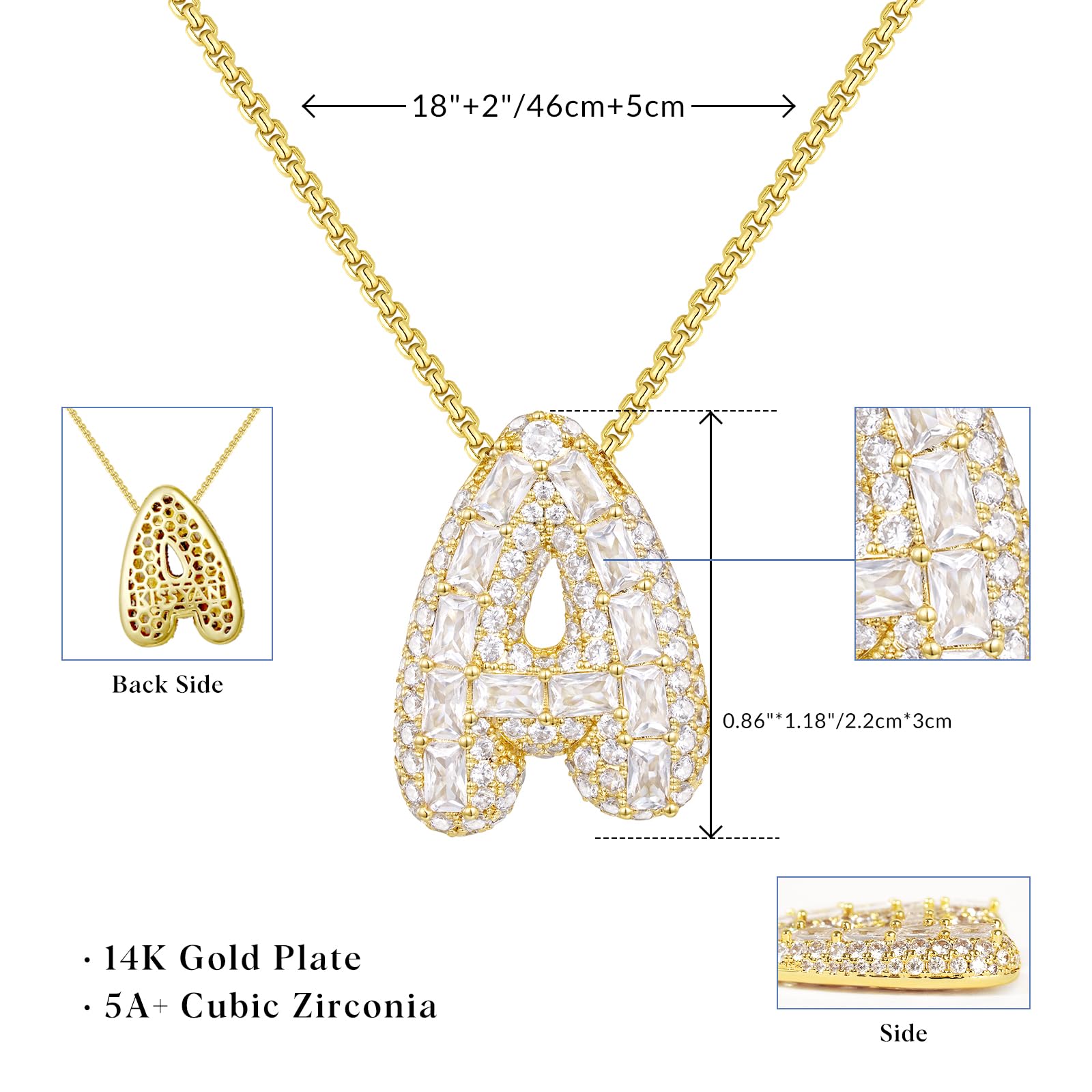 KissYan Bubble Letter Necklace, 14K Gold Plated Personalized Puffy Balloon Initial Pendant with Elegant Box Chain, Inlaid Square & Round CZ Stones for Women Dainty Jewelry Gifts (Gold R)