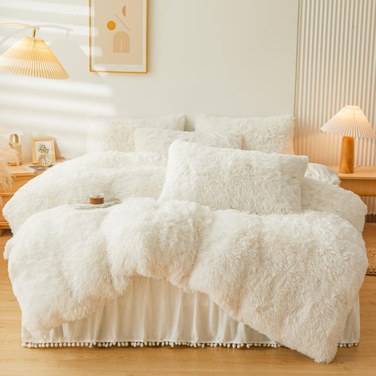 Fluffy Pink Faux Fur Comforter Cover Set，Fluffy Fuzzy Plush Pink Bedding 3Pcs (1 Faux Fur Duvet Cover +2 Fuzzy Pillowcases) Pink Fluffy Bed Set (Pink, Queen)