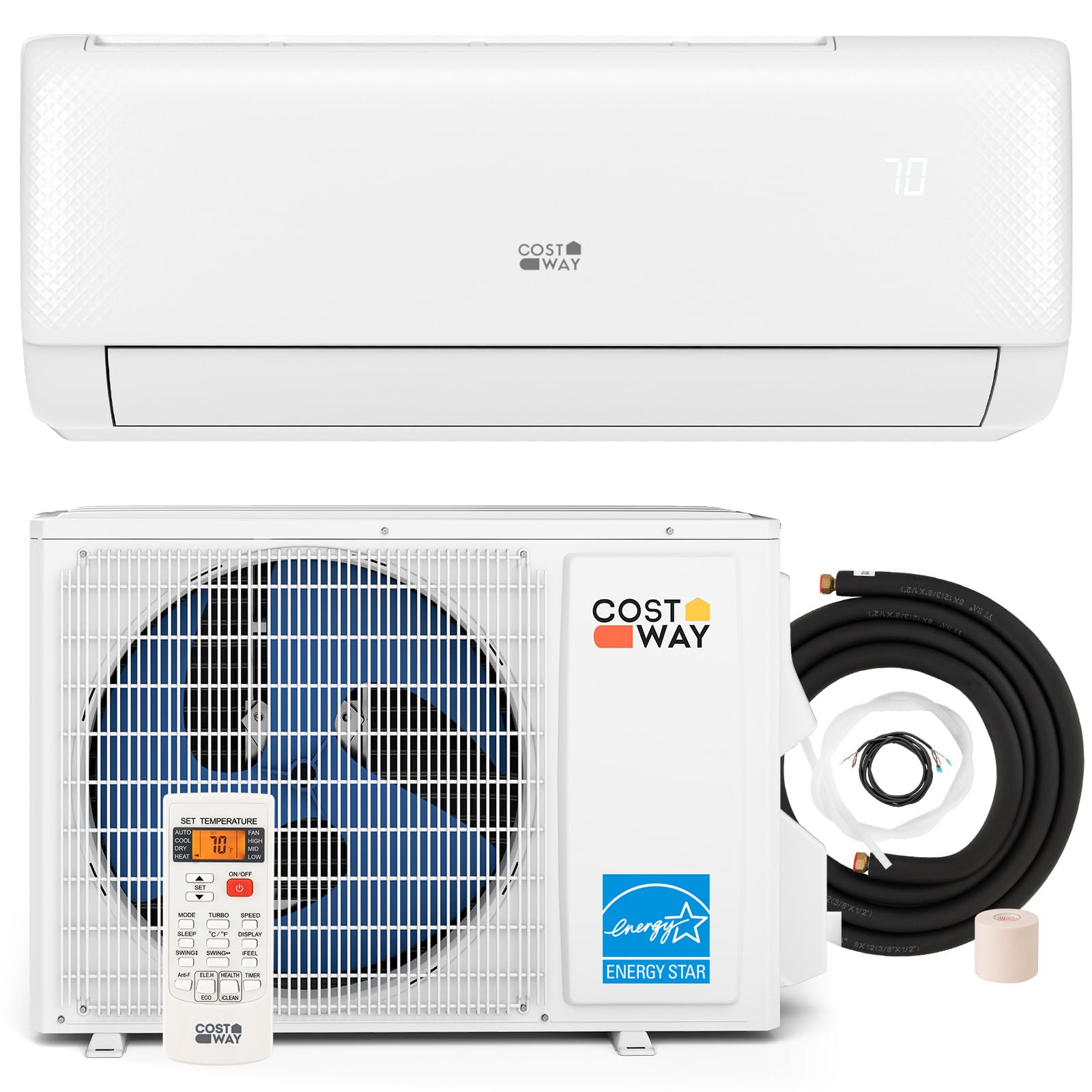 COSTWAY 12000BTU Mini Split Air Conditioner& Heater, 20 SEER2 115V Wall-Mounted Ductless AC Unit Cools Rooms up to 750 Sq. Ft, Energy Efficient Inverter AC with Heat Pump (Blast Series)