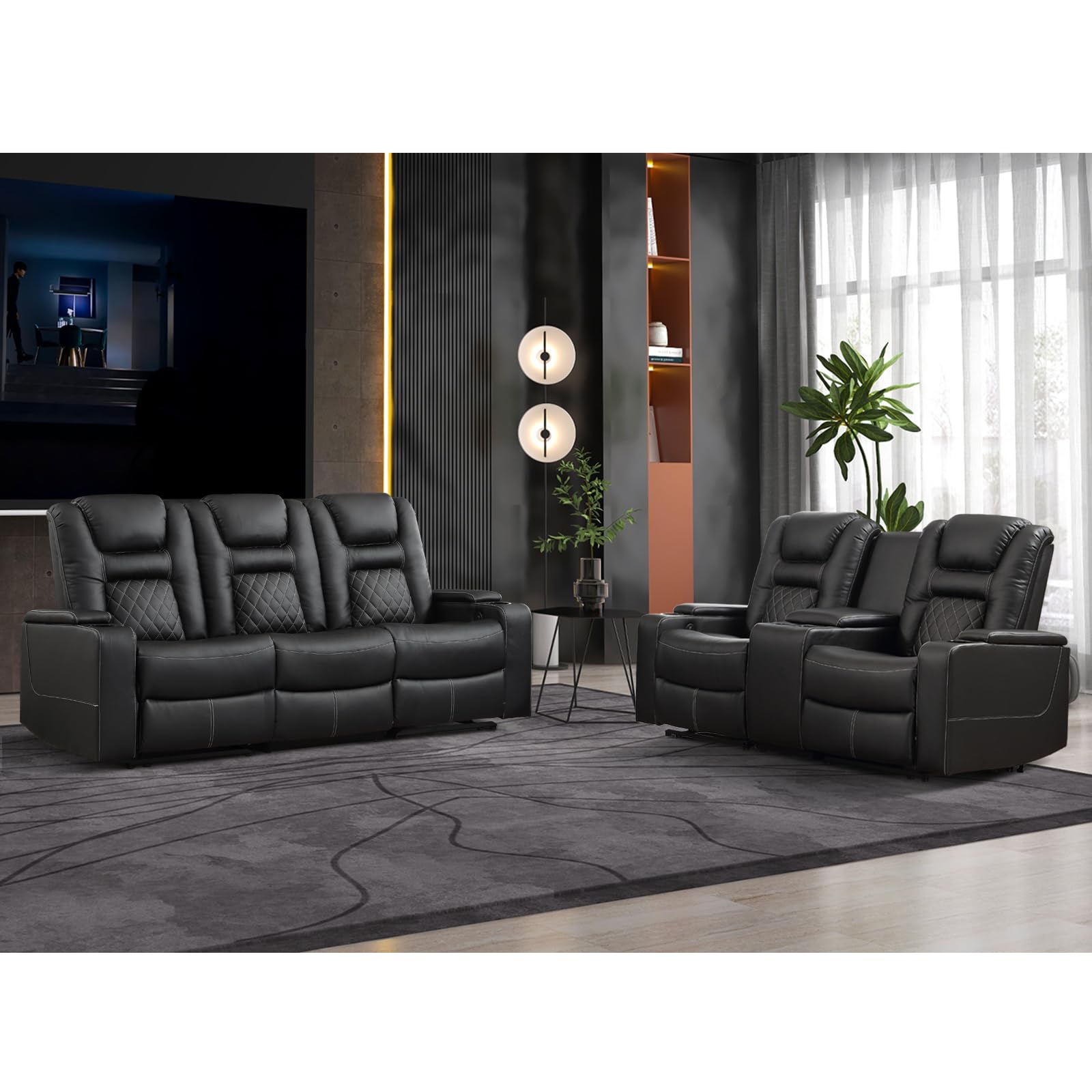 Home Theater Seats, Faux Leather Movie 3 Seat Recliner Sofa with Hidden Arm Storage, Power Gaming Reclining Sofa with USB Charge and Cup Holders