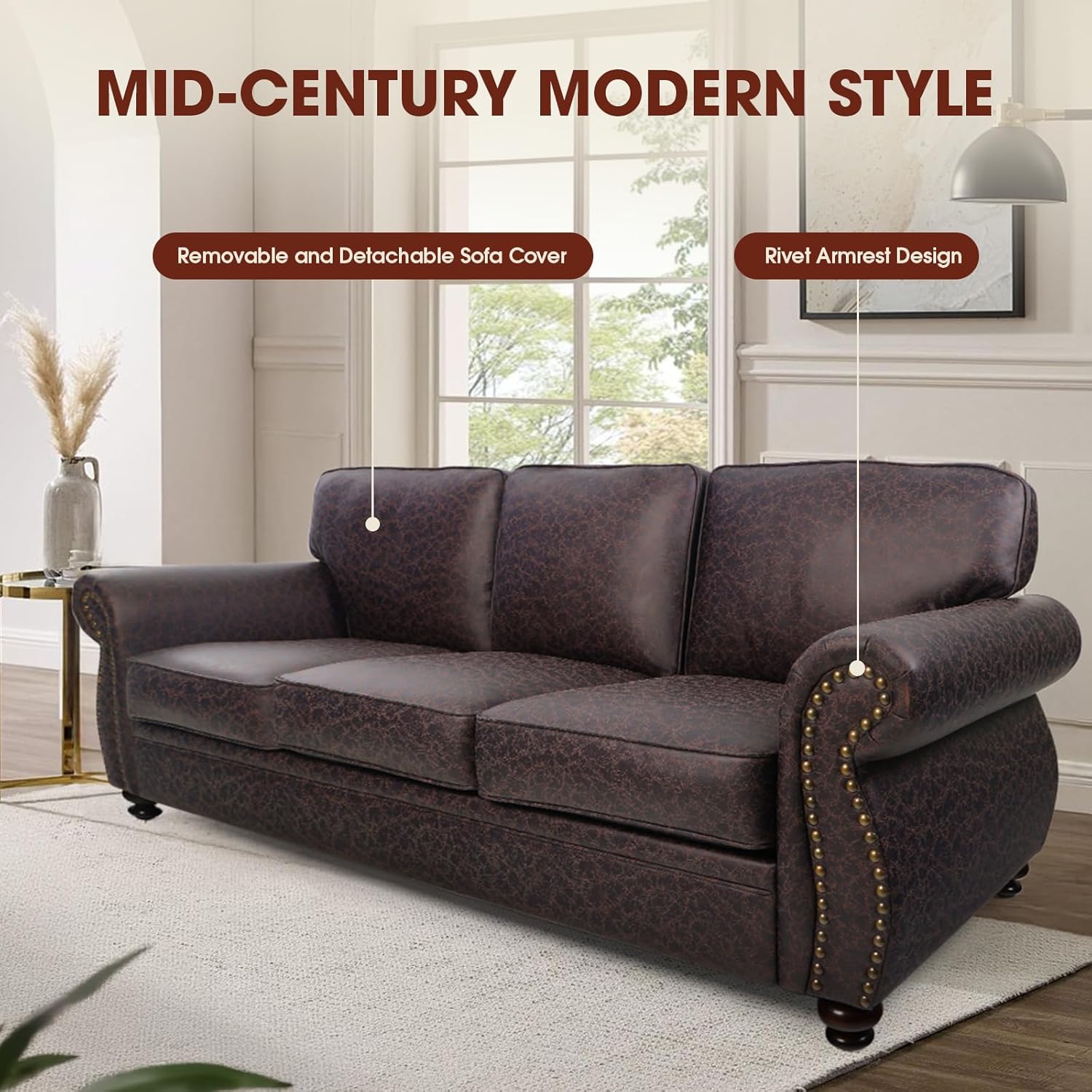 Mid-Century Vintage Sofa Couches with Rivet Design,loveseat Sofa,Removable Sofa Cover Upholstered Cushions and Solid Wood Frame (Brown, 3-Seater)