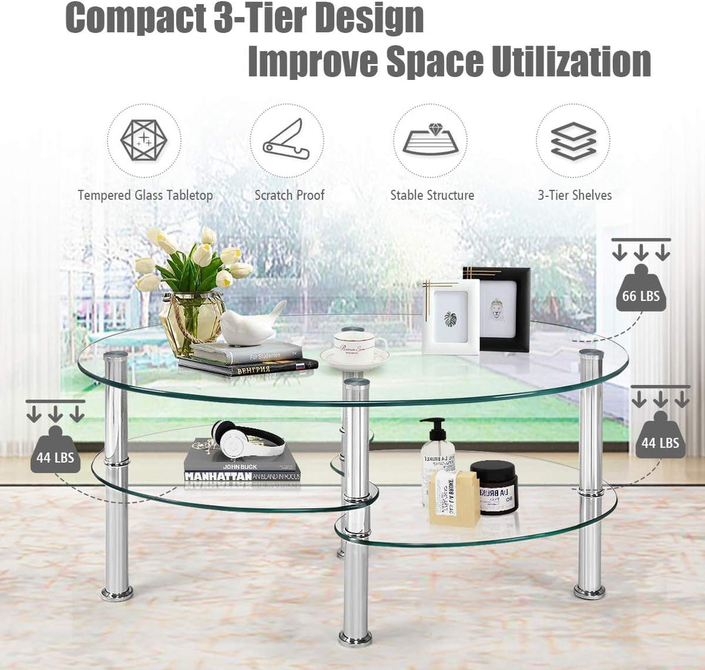 S AFSTAR Glass Coffee Table, 3-Tier Modern Oval Smooth Glass Tea Table Center Table End Table with Open Storage Shelf,Sturdy Steel Legs for Living Room,Home,Office,Cocktail Tea Table (Clear)