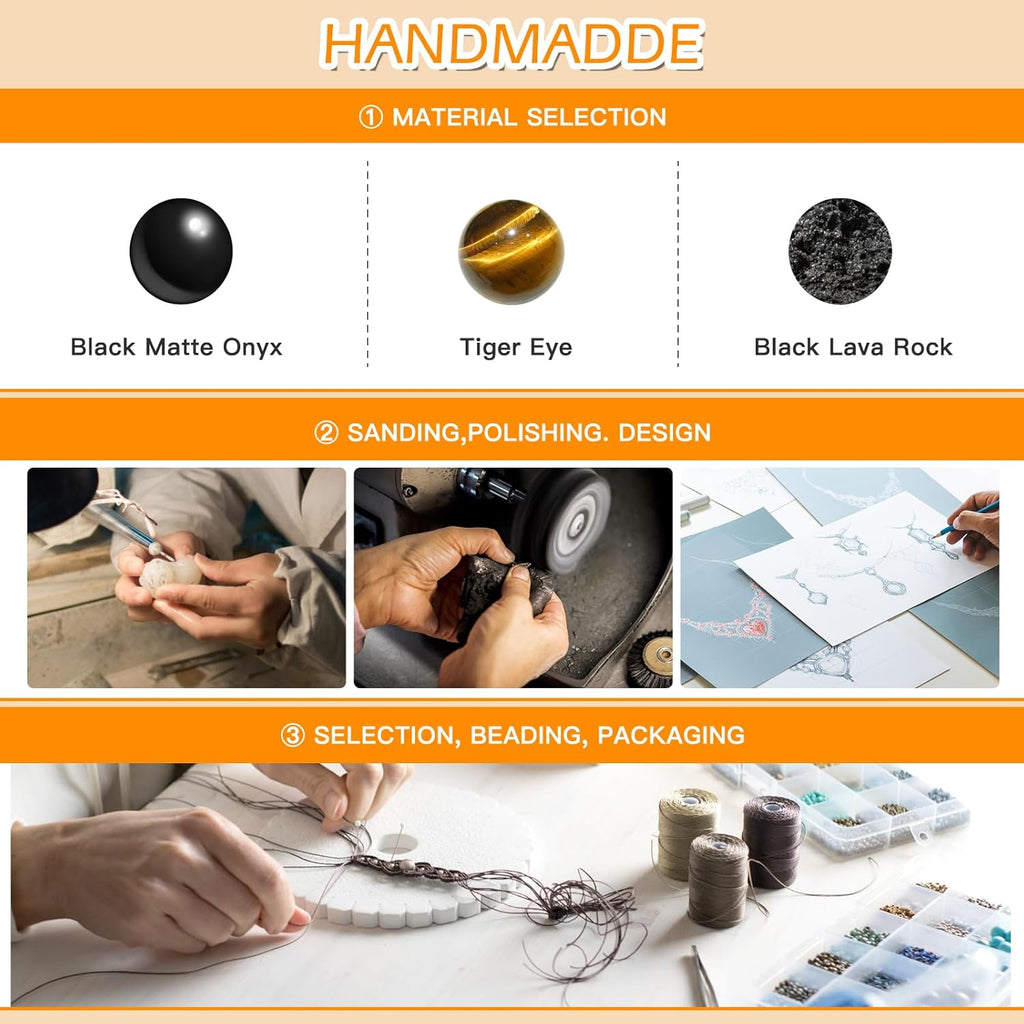 Triple Protection Bracelet - for Protect & Balance - Energy Crystal Handmade Bracelets for Men - Bring Good Luck & Prosperity, Tiger Eye Black Onyx and Lava Rock Jewelry Natural Stone Healing Bracelet