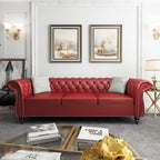 Chesterfield 3 Seater Sofa, Modern Leather Tufted Couch 3 Seater with Rolled Arms and Nailhead Mid-Century Upholstered Couch for Living Room, Bedroom, Apartment and Office, Claret