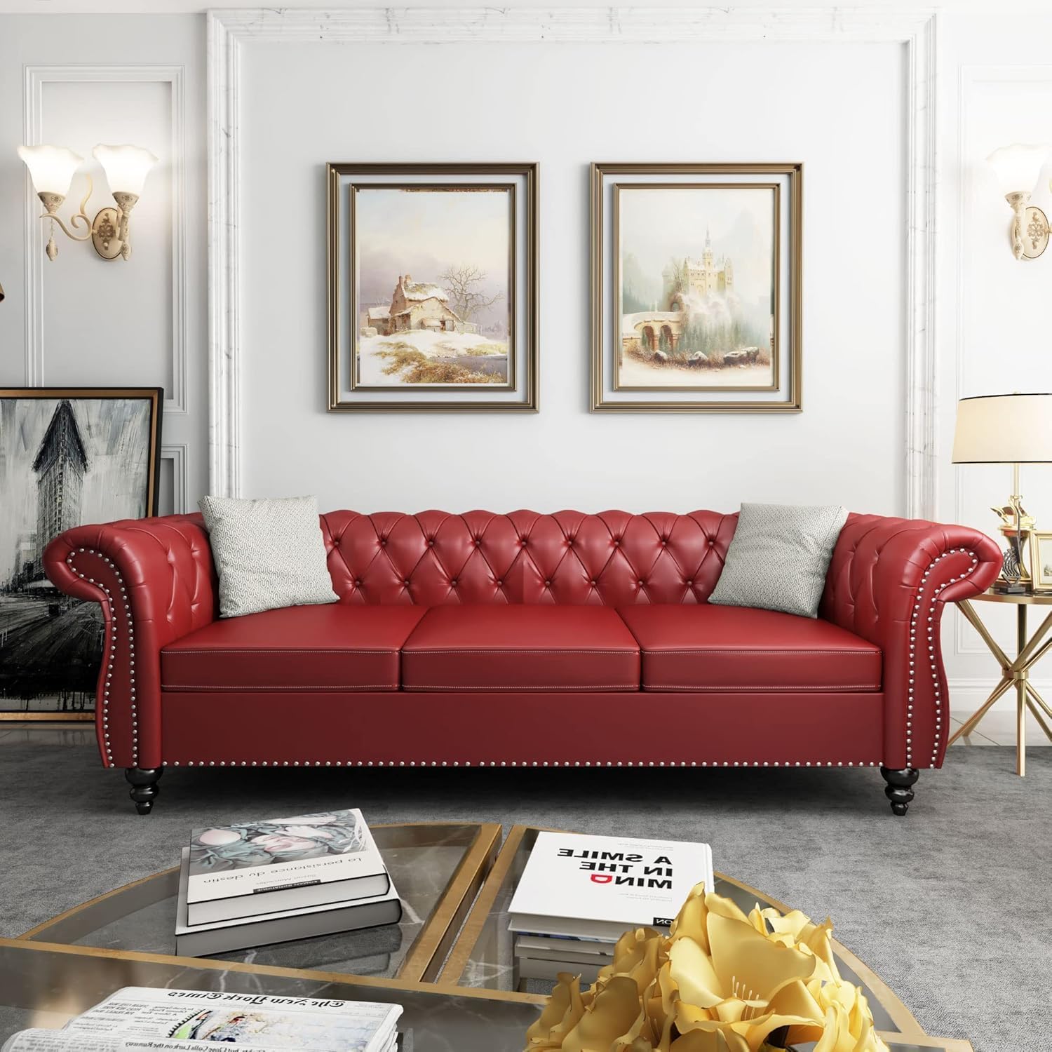 Chesterfield 3 Seater Sofa, Modern Leather Tufted Couch 3 Seater with Rolled Arms and Nailhead Mid-Century Upholstered Couch for Living Room, Bedroom, Apartment and Office, Claret