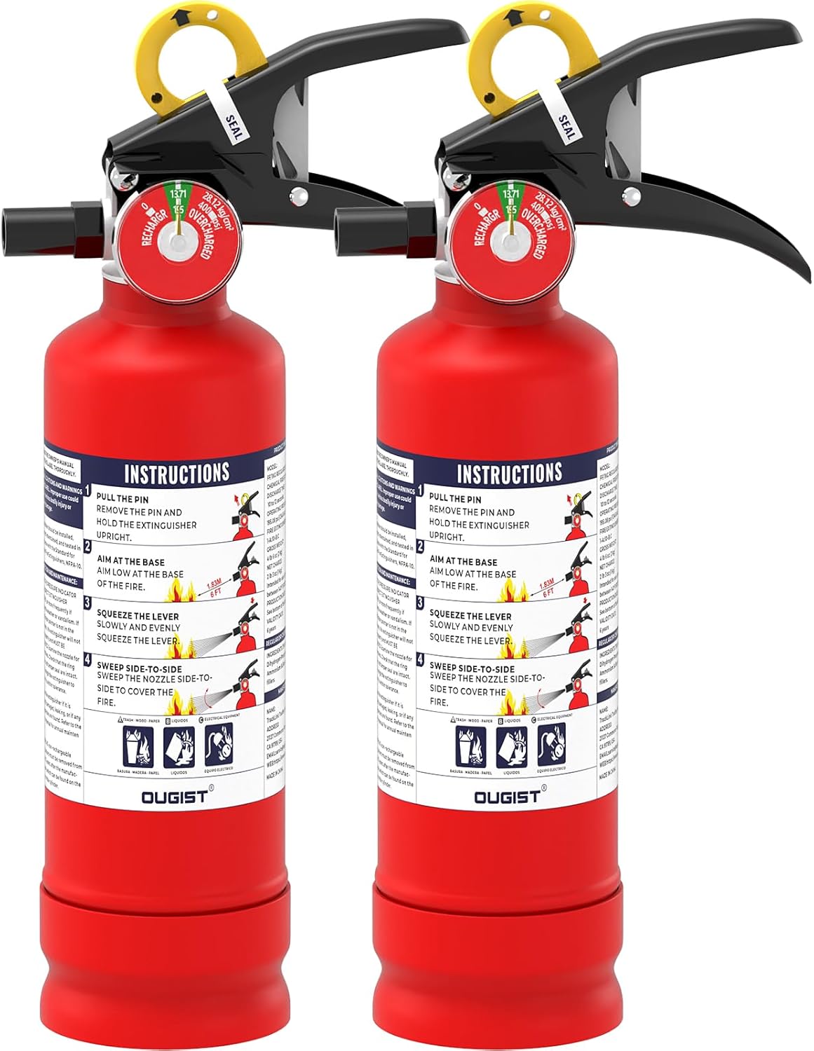 Ougist ABC Fire Extinguisher for Home & Vehicle - 2.5 lb 1-A:10-B:C Rated, Dry Chemical Fire Safety with Quick-Release Handle, Certified for Kitchen/Car/Boat Use-Model FF1KG-2Pack
