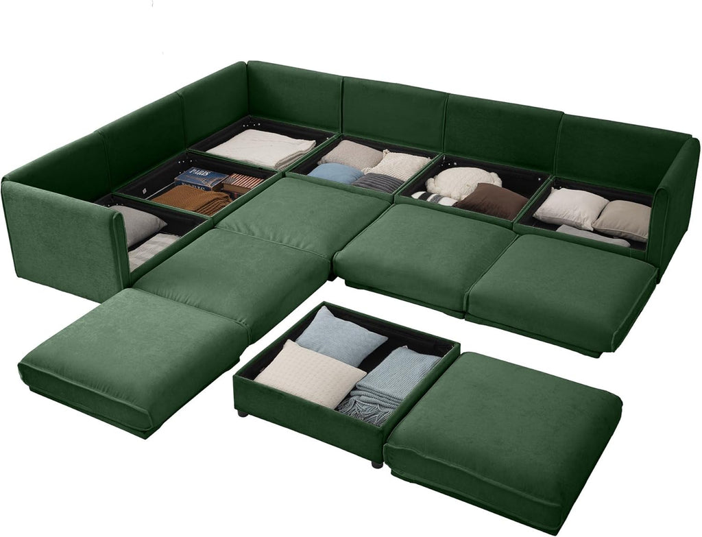 Large Sectional Couches for Living Room, Corner Couch with Storage Chenille Sectional Sofa, Cylindrical Backrest and Armrests 6 Seats,Green