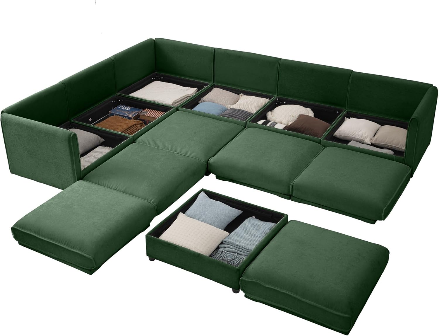 Large Sectional Couches for Living Room, Corner Couch with Storage Chenille Sectional Sofa, Cylindrical Backrest and Armrests 6 Seats,Green