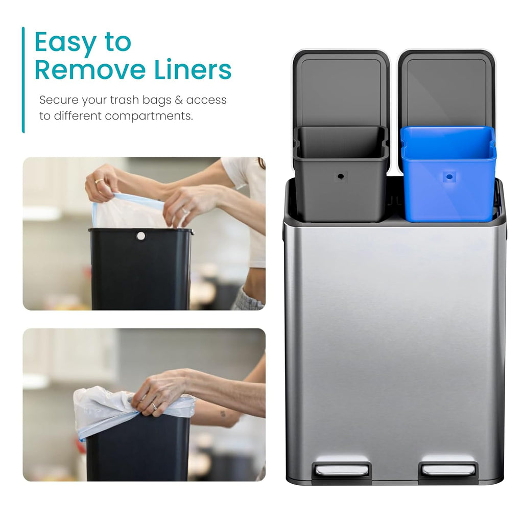 Home Zone Living 16 Gallon Kitchen Trash Can with Dual Compartments for Recycling, Stainless Steel, Silver, 60 Liters Total