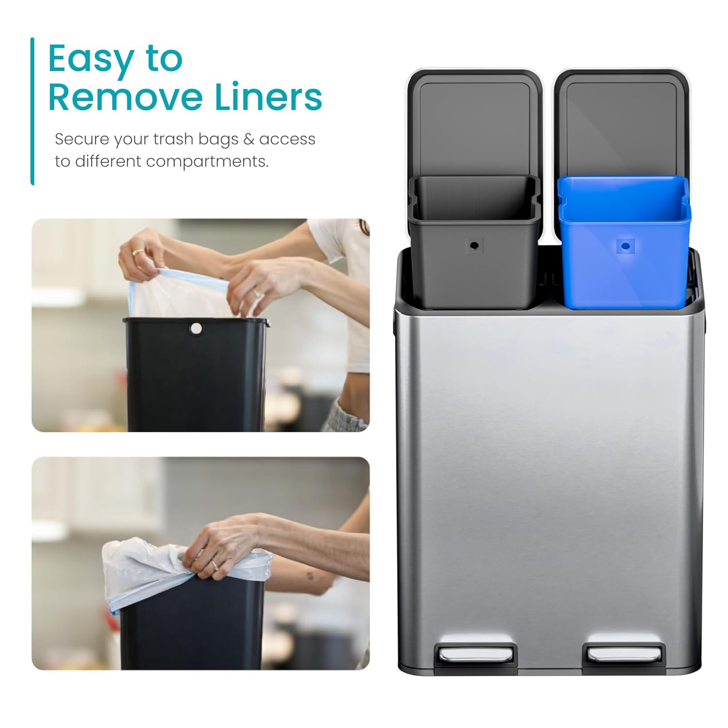 Home Zone Living 16 Gallon Kitchen Trash Can with Dual Compartments for Recycling, Stainless Steel, Silver, 60 Liters Total