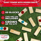 SWOOC Games - Giant Tower Party Game with Hidden Shots Holes & 60 Commands - Includes 60 Blocks, 104 Disposable Cups with Lids & Carrying Case - Tipsy Topple Game - 2.5ft - Grows to 5ft