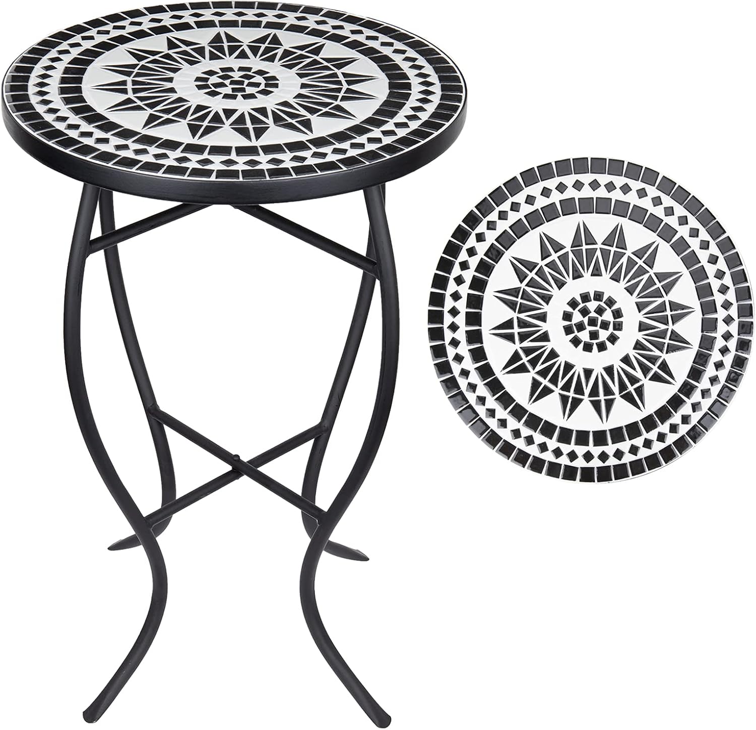 Vipush Mosaic Patio Side Table Outdoor Accent Table Bistro Coffee Table Plant Stand Indoor Folding Round End Table for Small Porch Balcony Backyard,Black