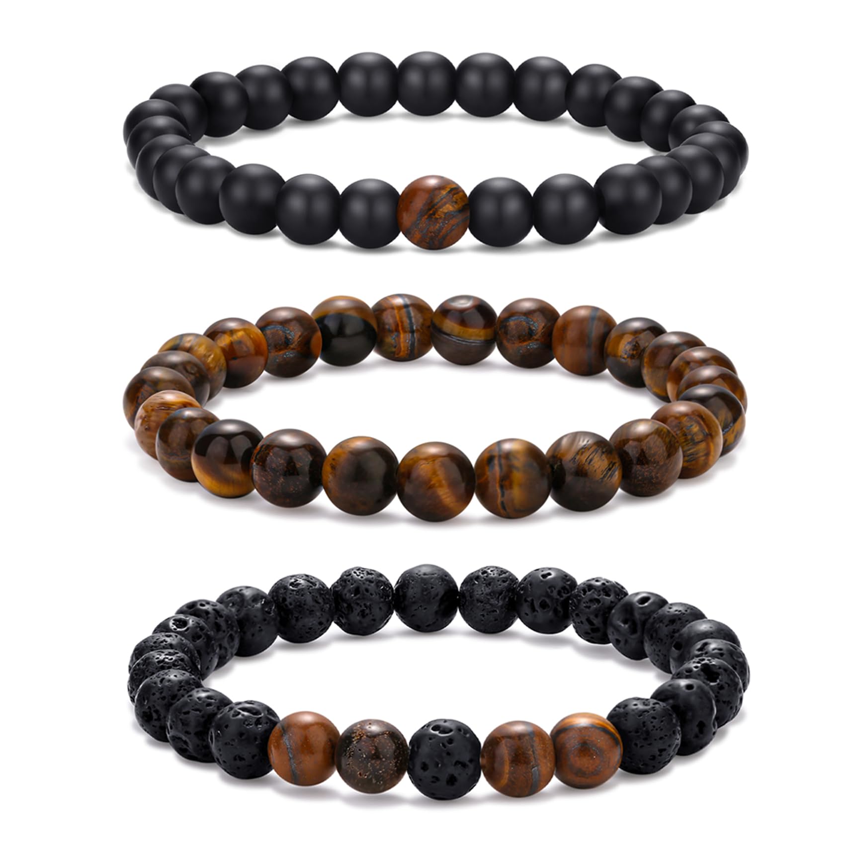 RANKEEF Mens Bead Bracelet Set - Adjustable Elastic Rope With 6&8MM Natural Stone Multi-Colored Beads - Tiger Eye Bracelets for Men - Gift