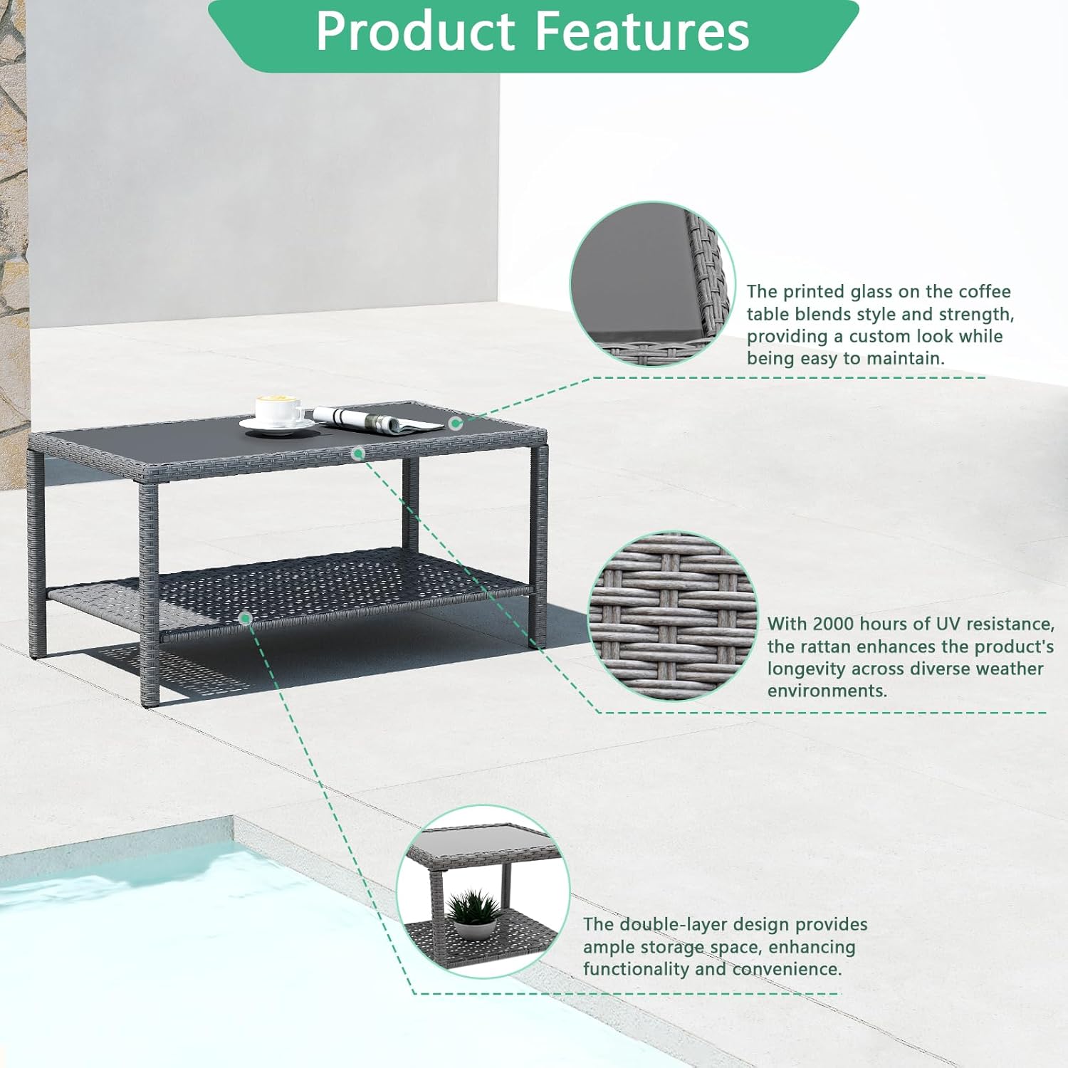 Helios&Hestia Rectangle All Weather Rattan Wicker Outdoor Coffee Side End Table with Glass Top for Patio, Deck, Backyard, Garden, Grey