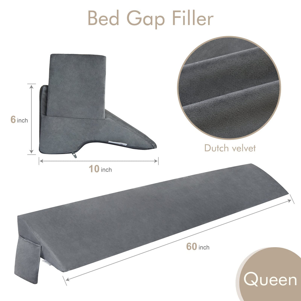 Vekkia Queen Bed Wedge Pillow for Headboard Gap Filler(0-5"),High-Density Foam,Prevents Pillows & Items from Falling,Ergonomic Design,Large Storage Pockets, Removable&Washable Cover,Gray,60''x10 x6