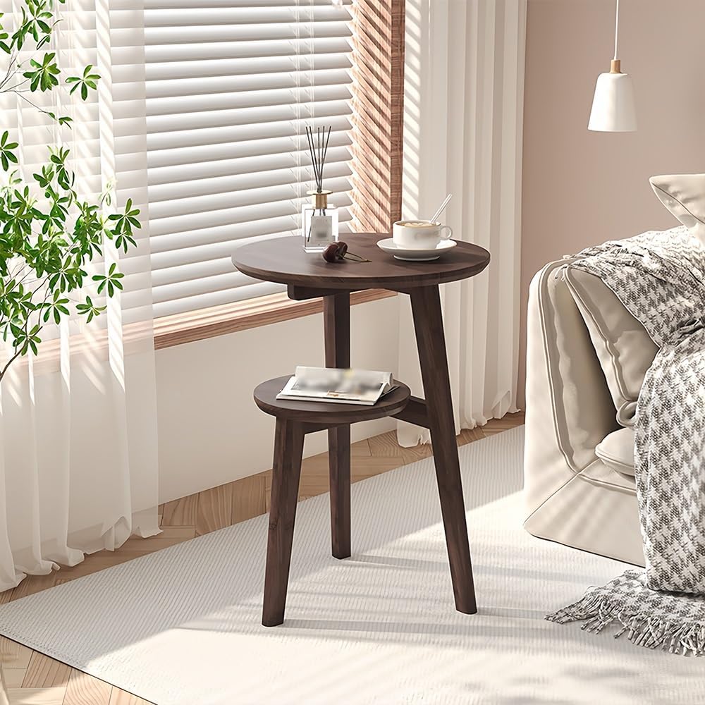 Solid Wood Round Side Table with 2 Open Shelves – Decorative Nightstand & Coffee Table for Bedroom, Living Room, or Study(Brown)
