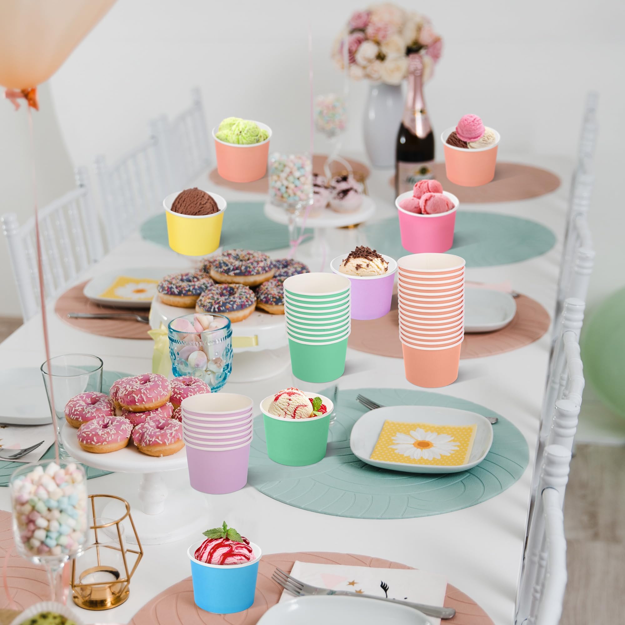 Aodaer 300 Pack Paper Ice Cream Cups 8oz Paper Snack Ice Cream Bowls Disposable Dessert Bowls for Hot or Cold Food Party Supplies Treat Cups for Sundae, Frozen Yogurt, Soup, 6 Colors